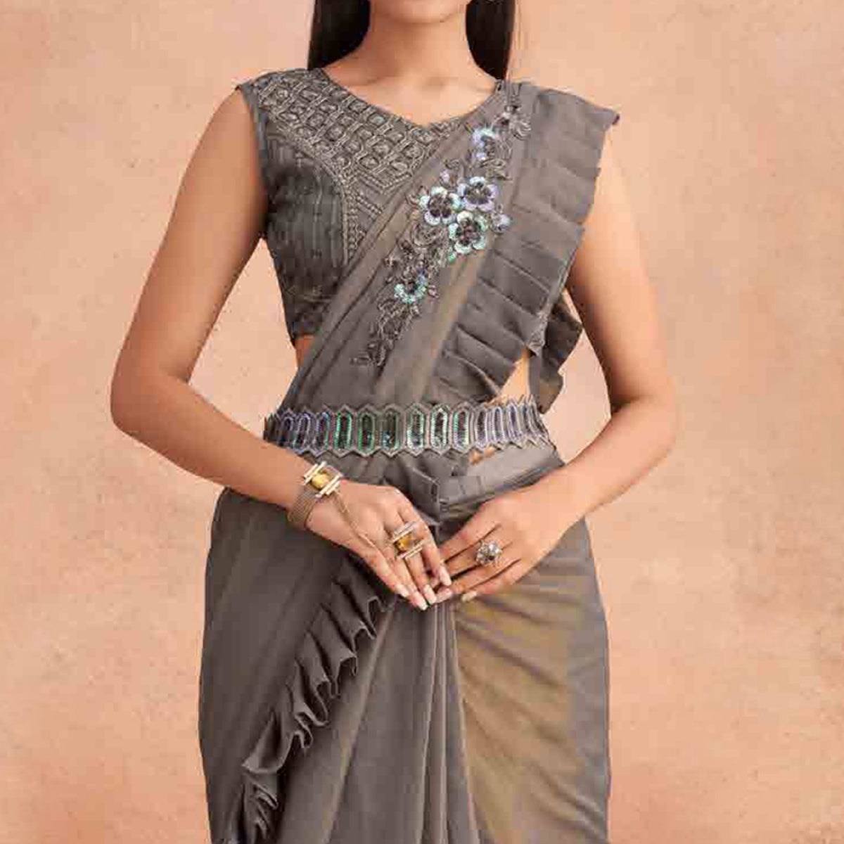 Peachmode Seller Grey Sequins Embroidered Ready to Wear Georgette Saree - view 3