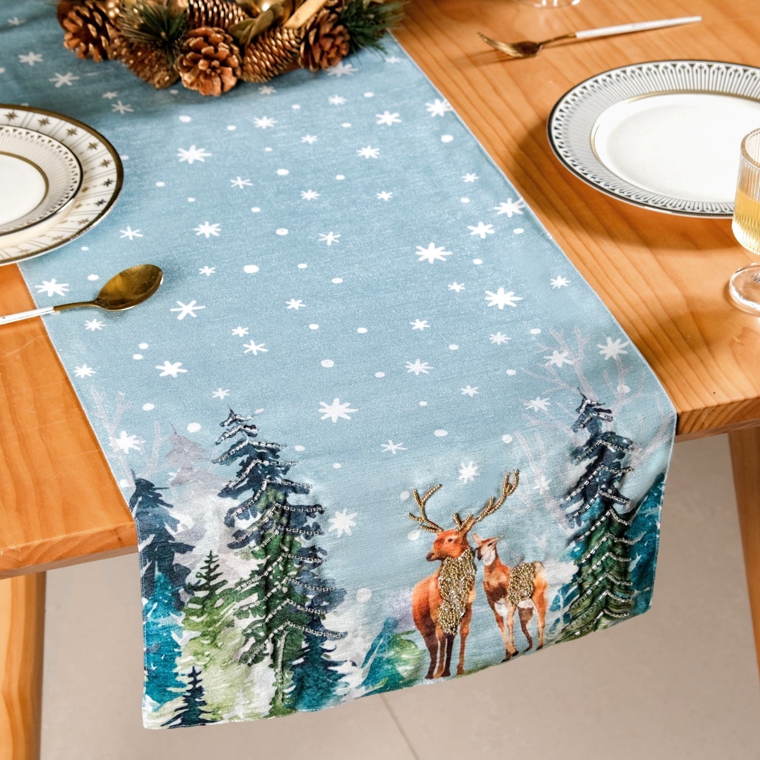 Nestasia Stag And Doe In Snow Print Embellished Dining Table Runner