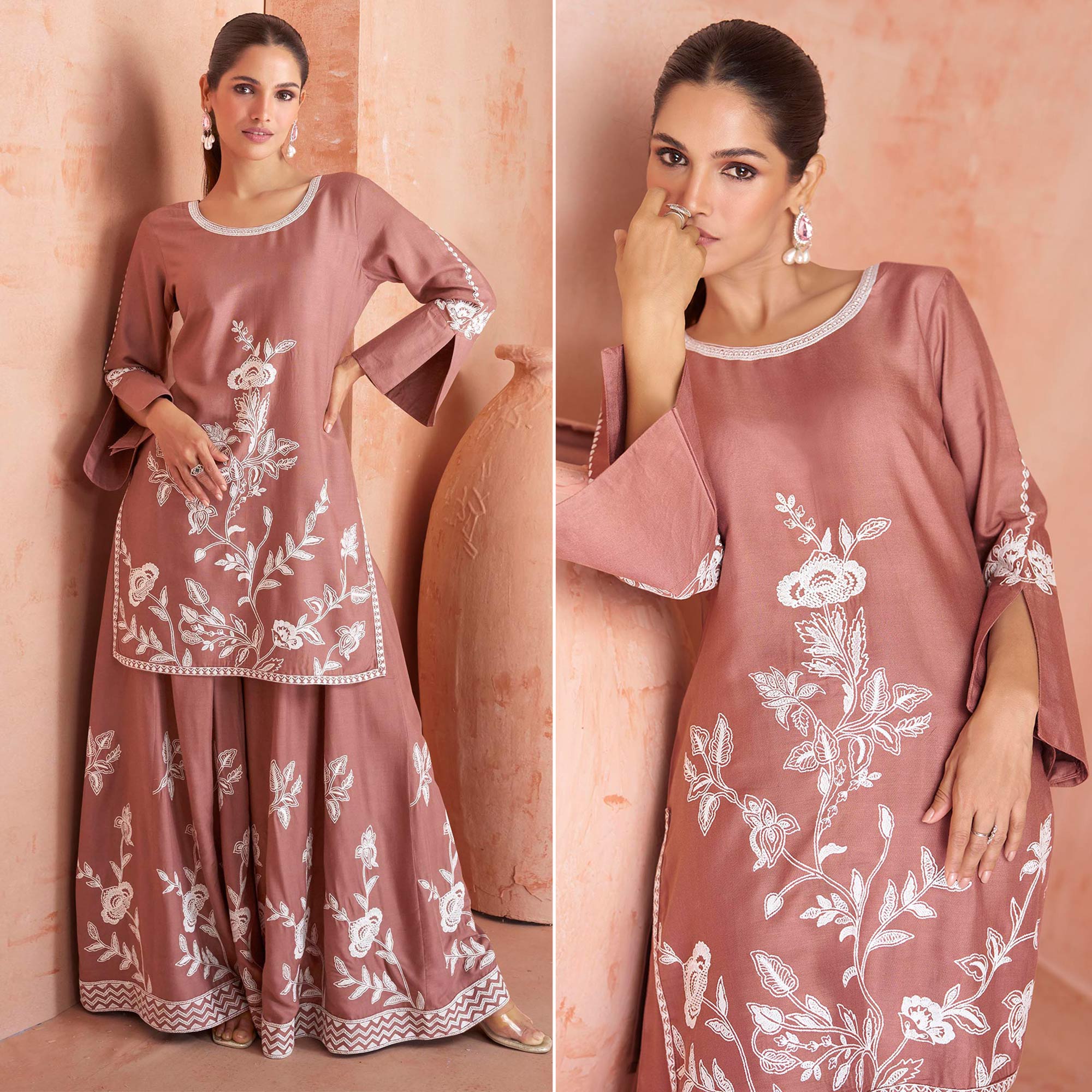 Peachmode Copper Rust Floral Embroidered Rayon Kurti Palazzo Suit