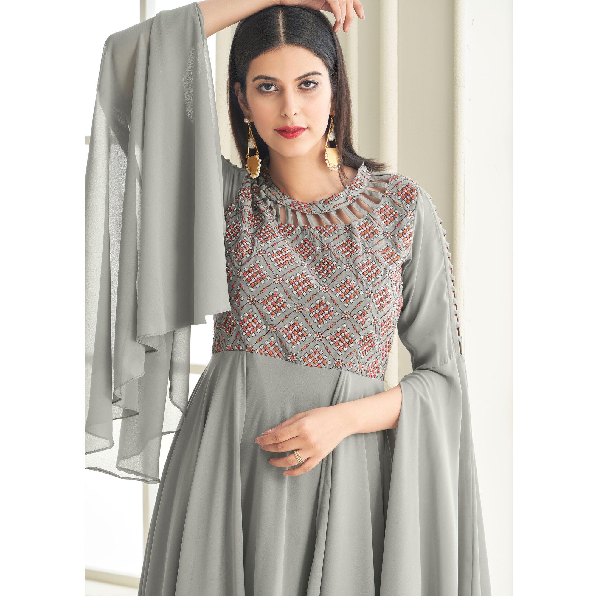 Peachmode Seller Grey Partywear Embroidered with Handwork Heavy Georgette Gown - view 2