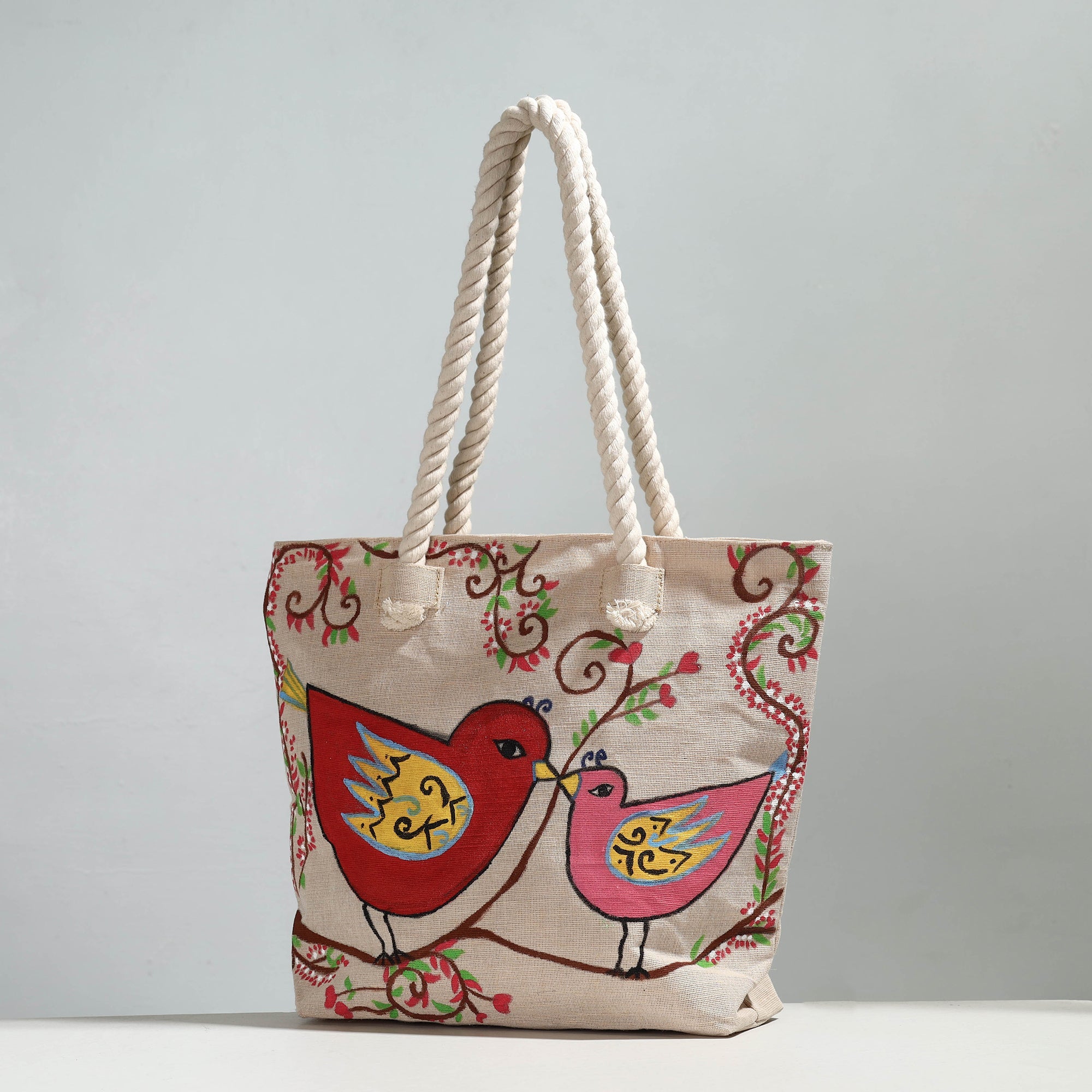 KHUSHBASH - HAPPY LOOM OF EAST Beige - Birds - Handpainted Jute Cotton Shoulder Bag