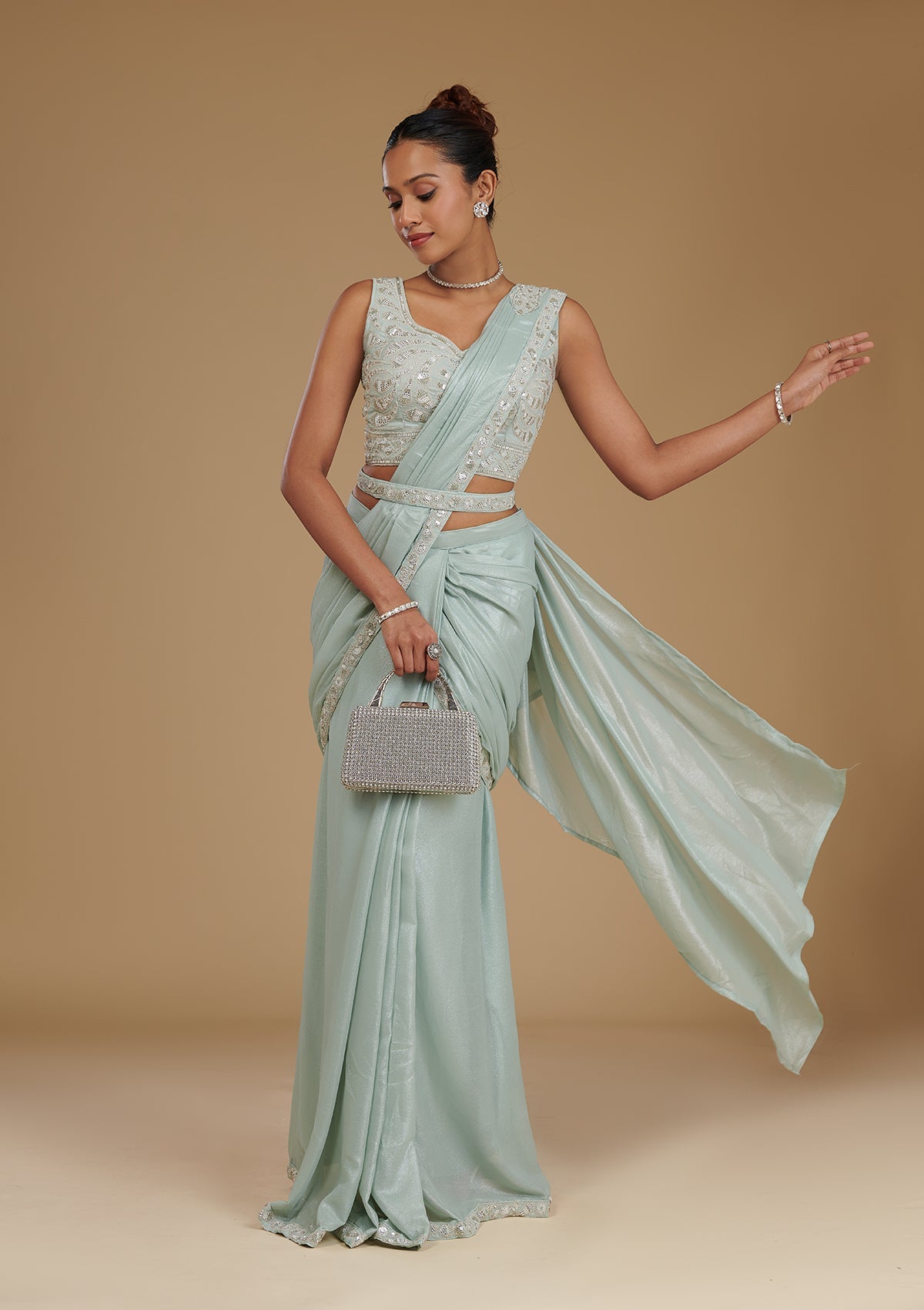 Koskii Sea Green Sequins Chiffon Readymade Saree
