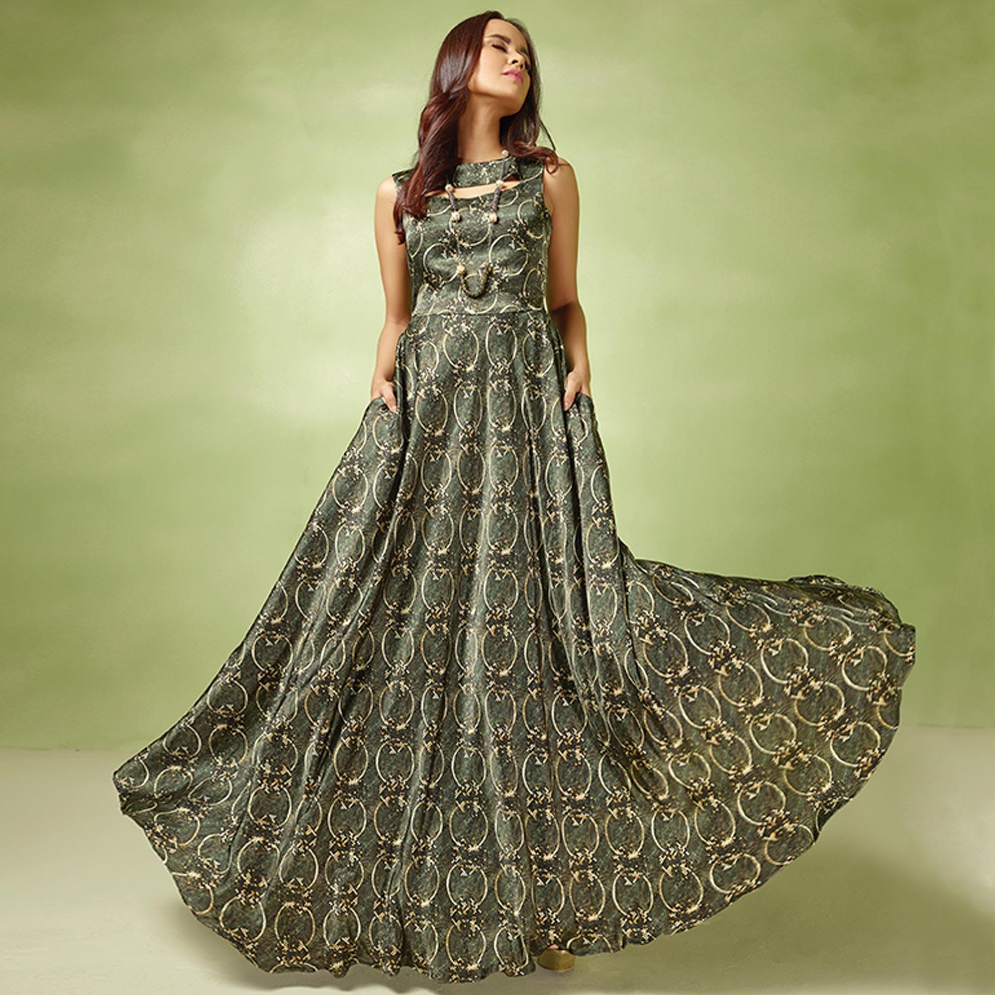Peachmode Dark Gray-Green Printed Satin Gown - view 3