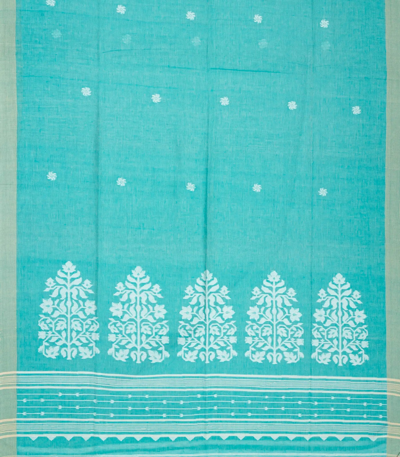 RmKV Turquoise Handloom Bengal Cotton Saree With Floral Buttas - view 2