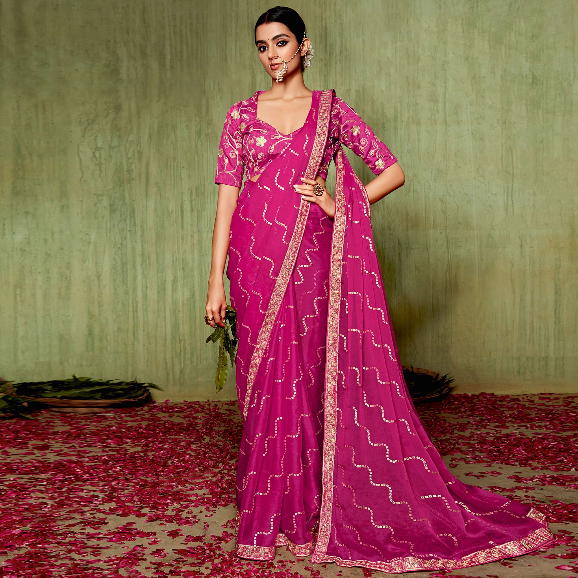 Peachmode Magenta Foil Printed With Embroidered Border Chiffon Saree