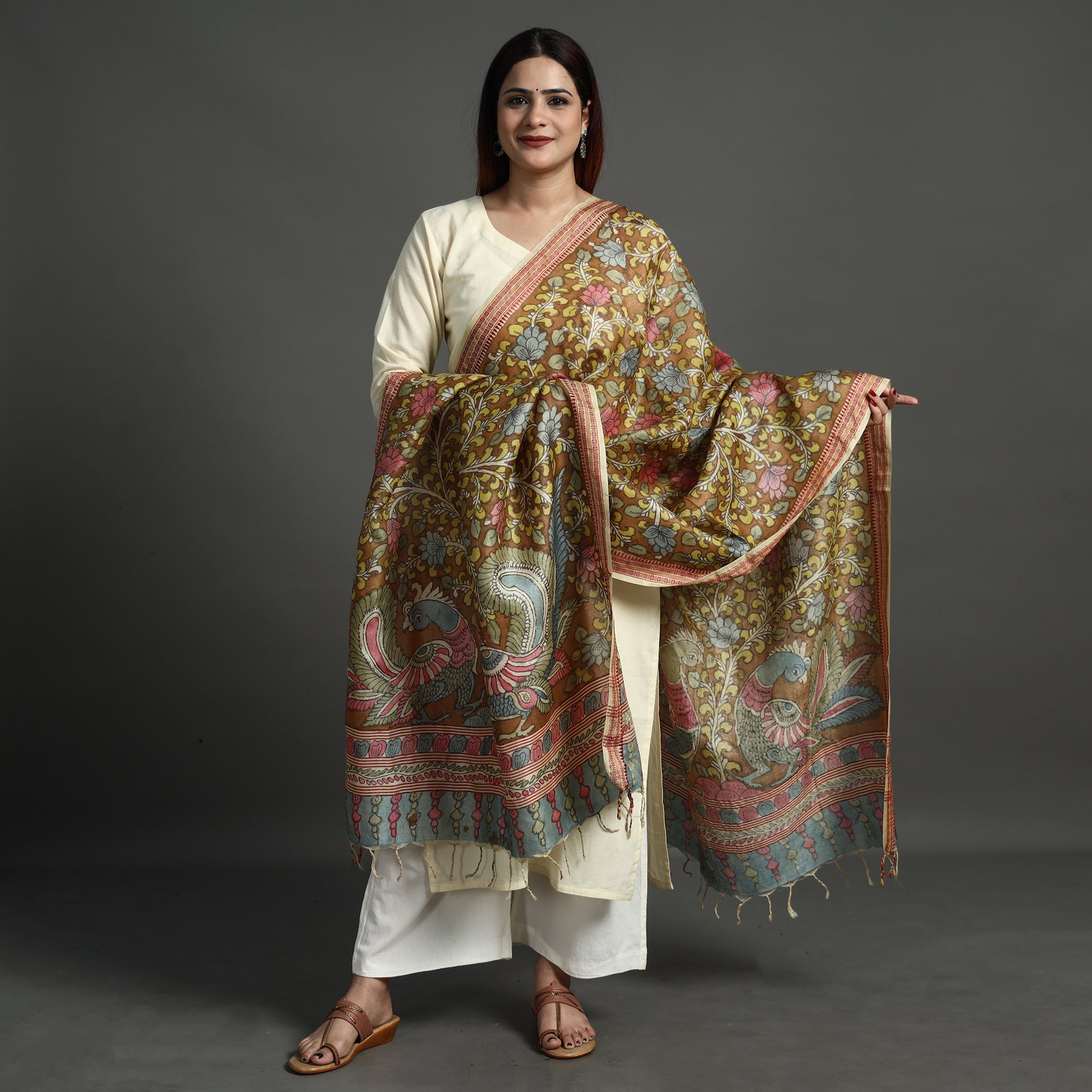 SOUTH KARGHA Brown - Pure Tussar Silk Pen Work Srikalahasti Kalamkari Dupatta with Dobby Border 125 - view 2