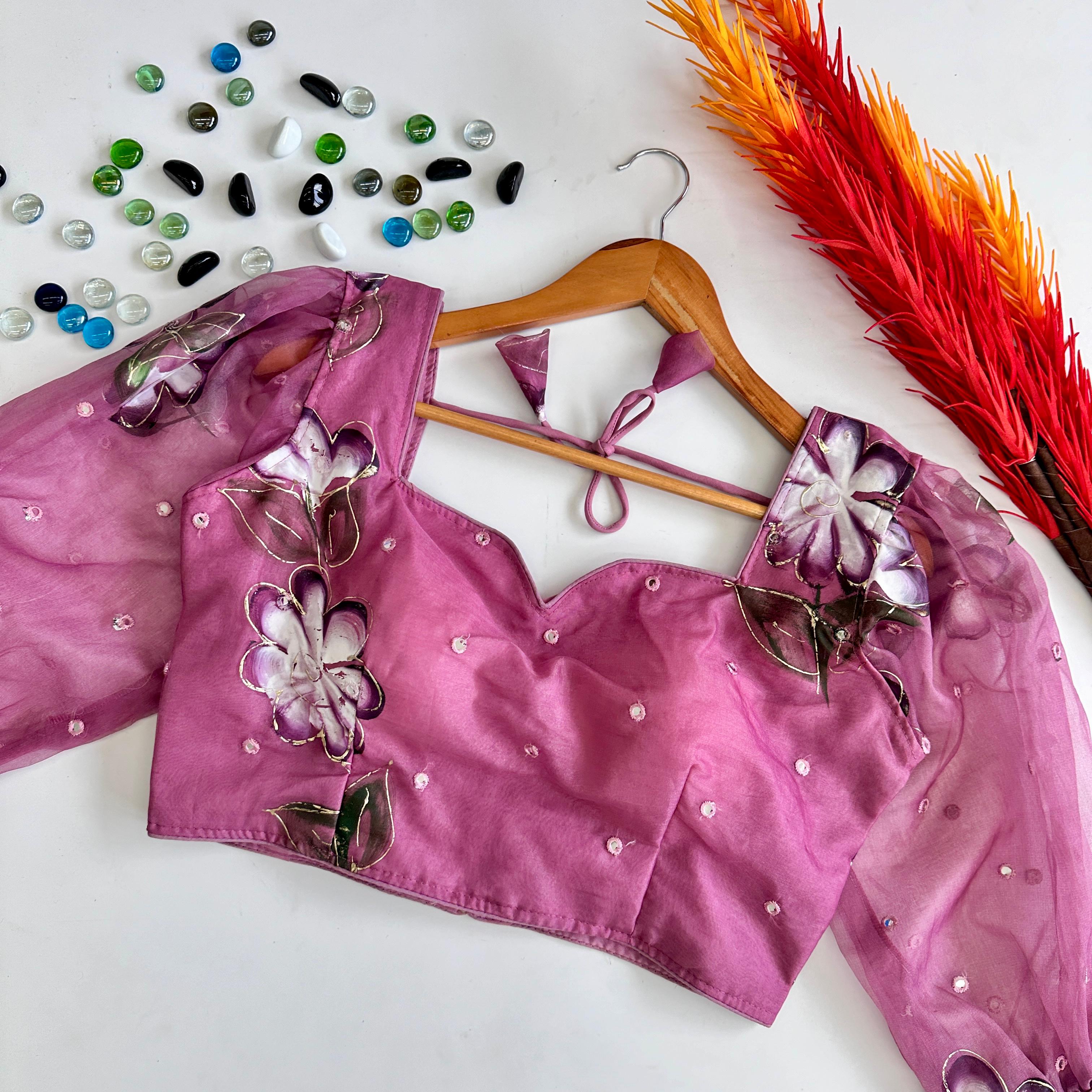 ClothsVilla Light Purple Hand-Painted Organza Silk Blouse with Embroidery Accents