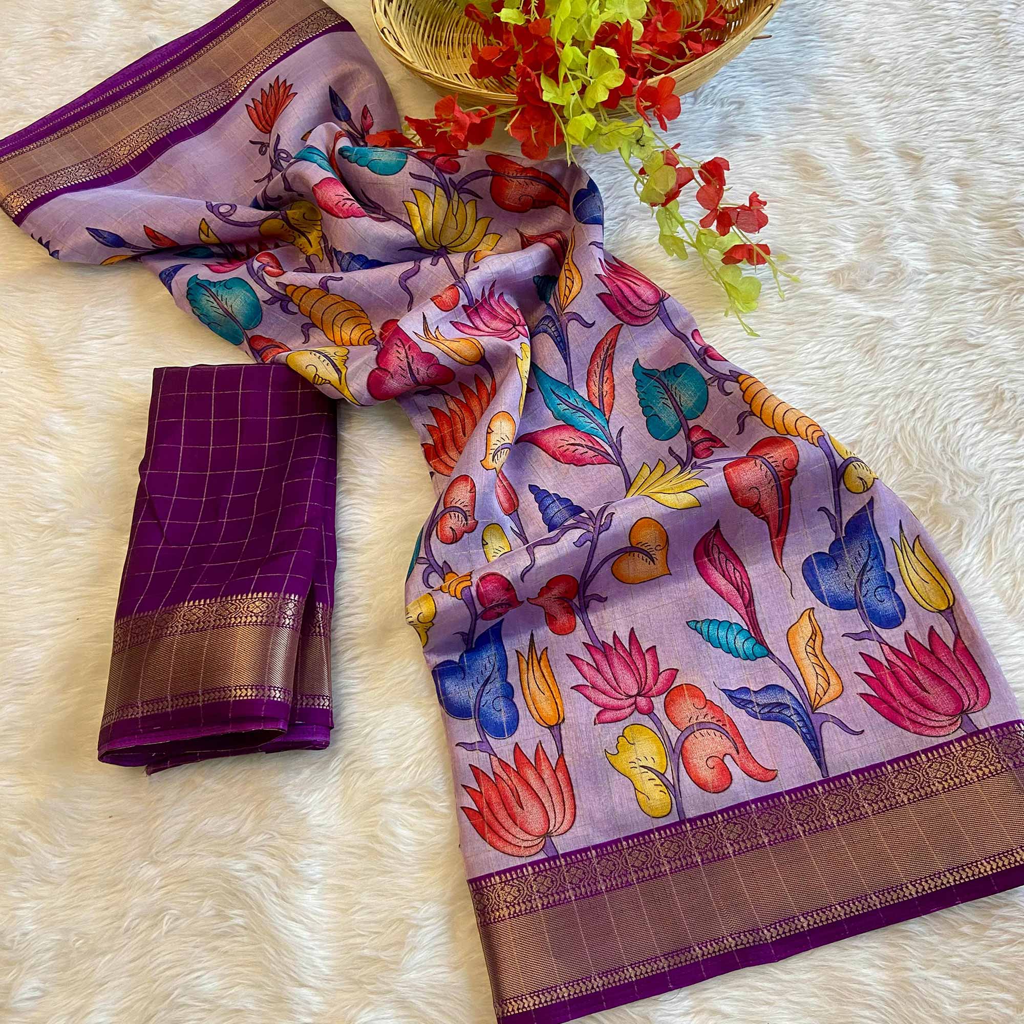 Peachmode Lavender Floral Printed Dola Silk Saree With Zari Border