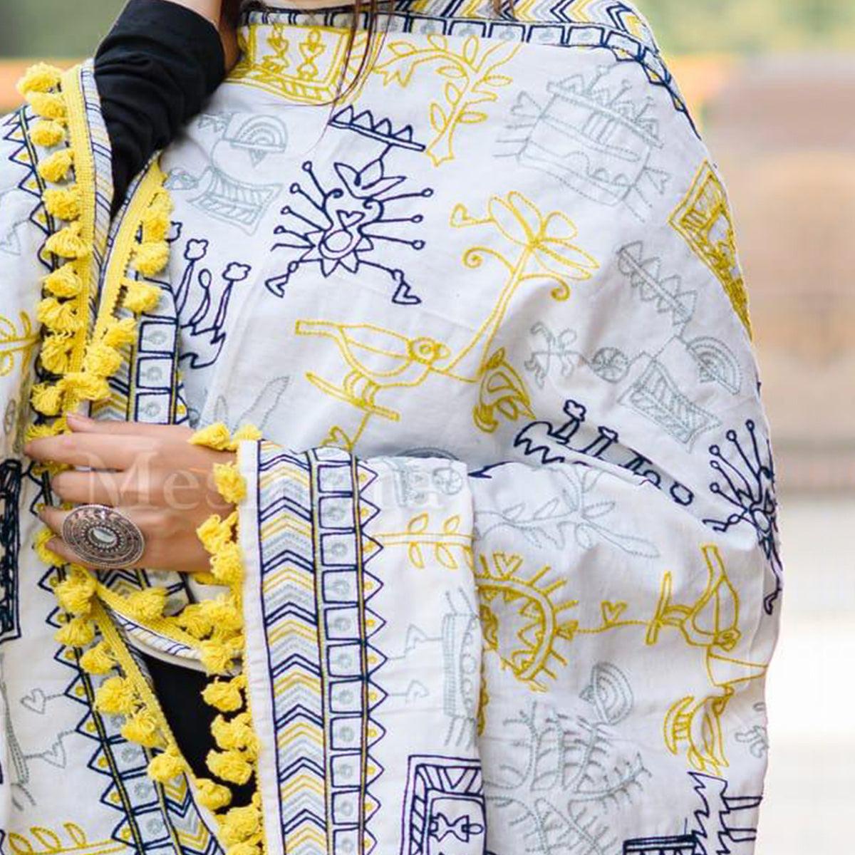 Peachmode Exclusive White Colored Embroidered Cotton Dupatta - view 2
