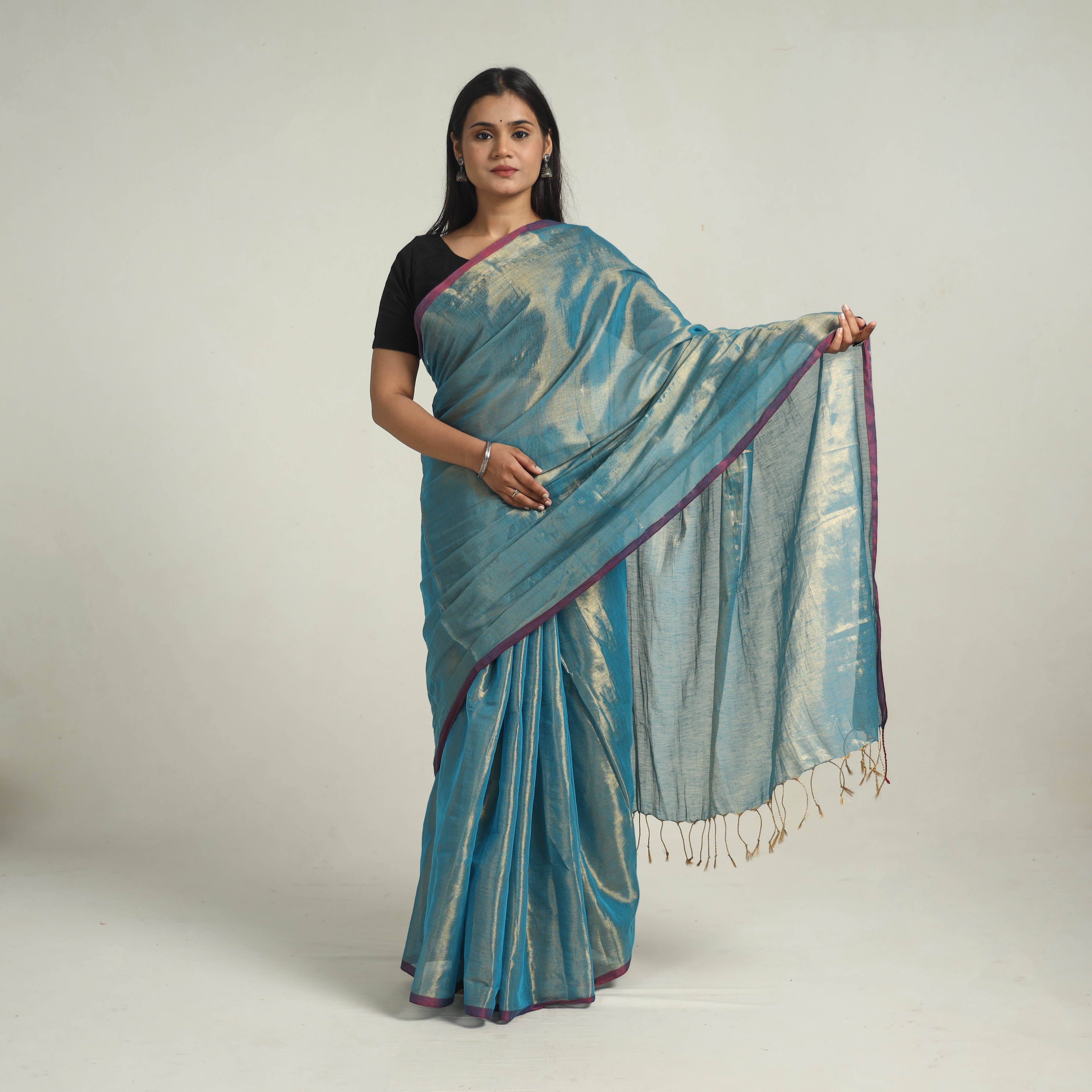 KHUSHBASH - HAPPY LOOM OF EAST Blue - Bengal Fine Tissue Zari Saree 01 - view 2