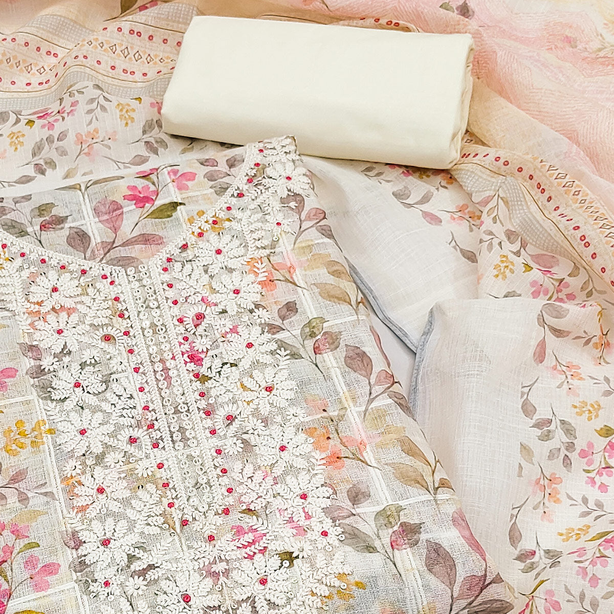 Peachmode Cream Floral Printed With Embroidery Cotton Blend Dress Material - view 2