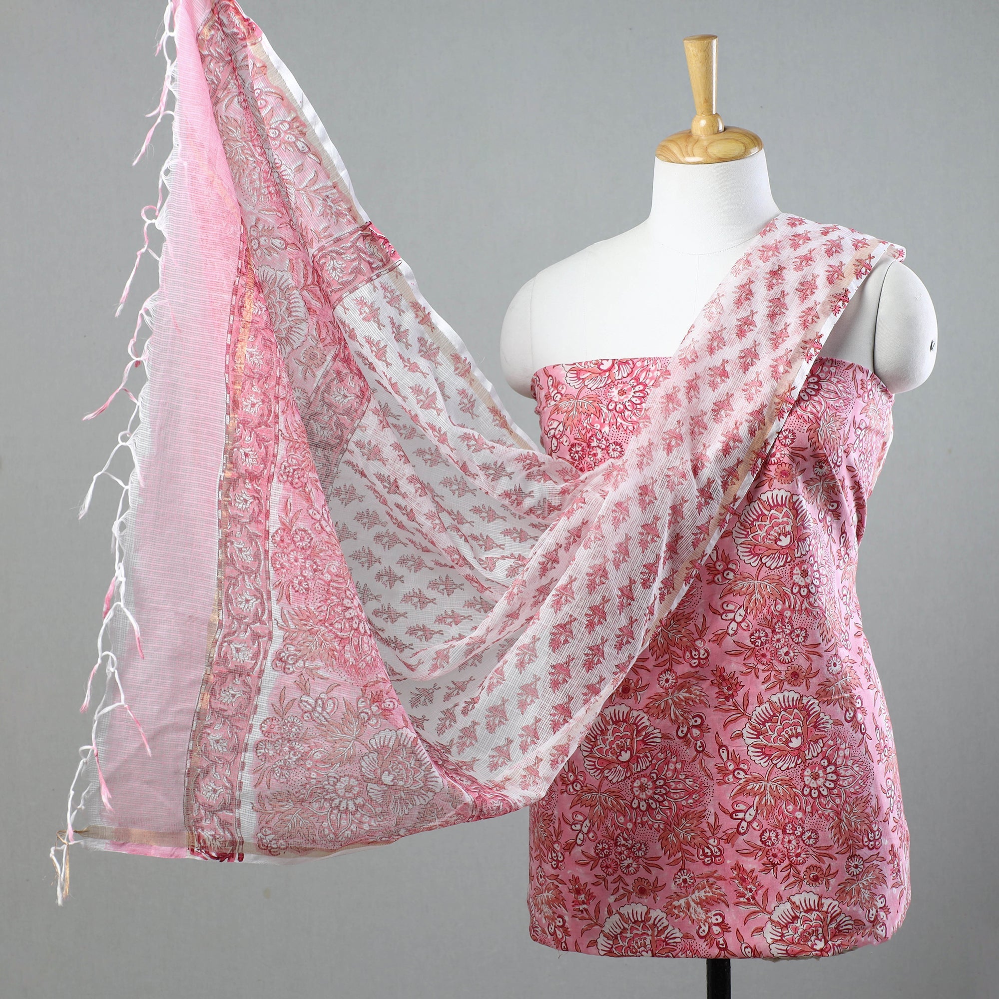 KUSUMLATA 3pc Sanganeri Block Printed Cotton Suit Material with Kota Doria Dupatta 19