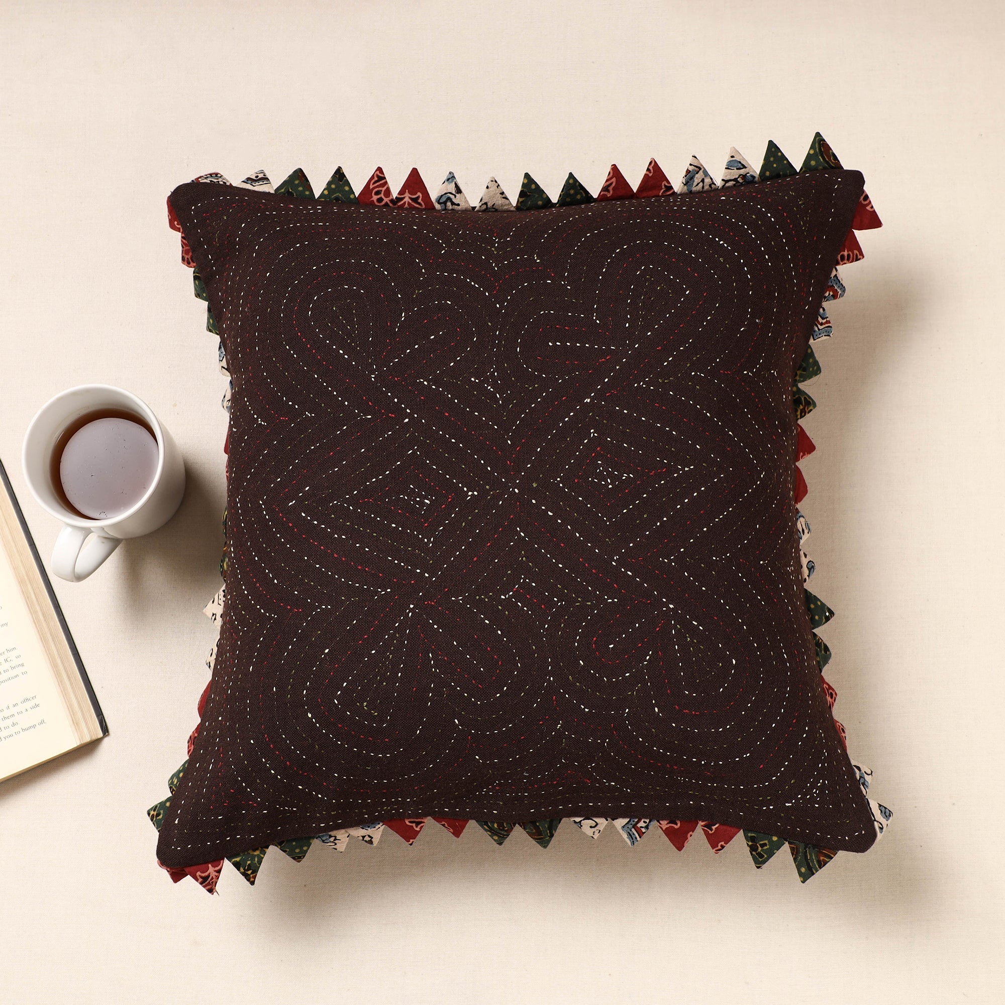 Brown - Kala Raksha Tagai Work Cotton Cushion Cover (16 x 16 in)