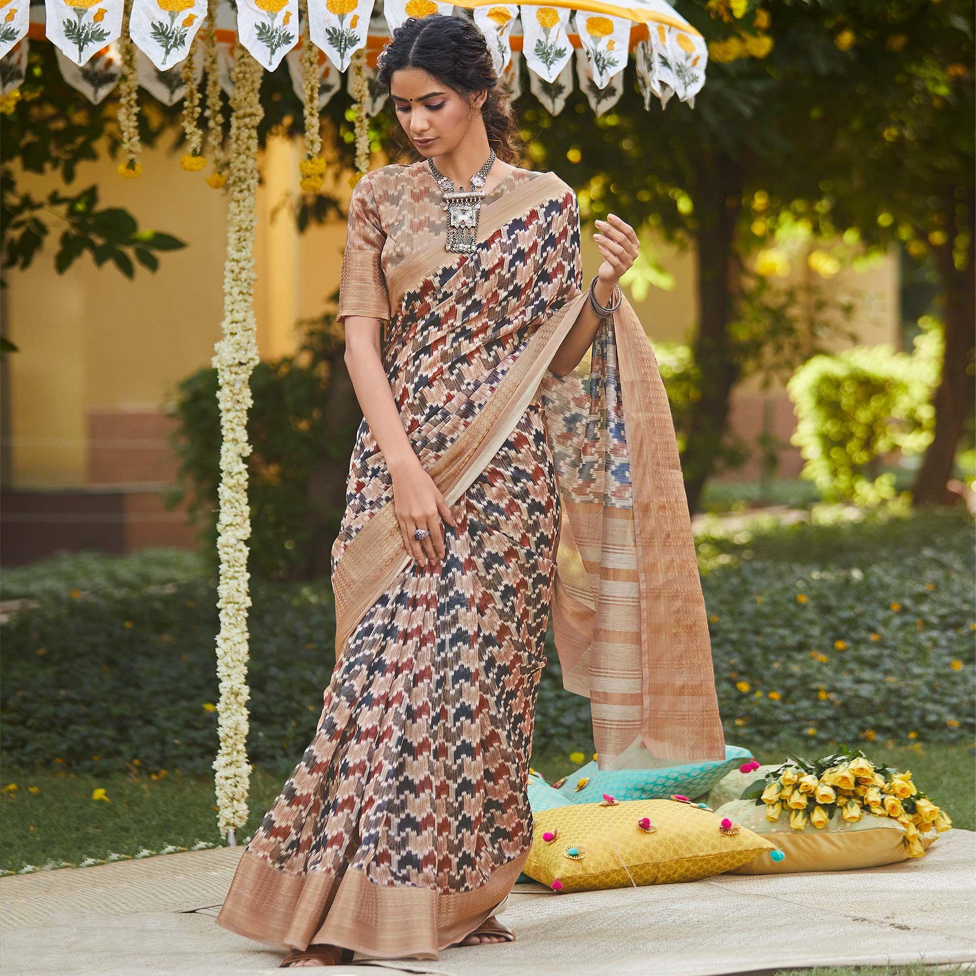 Peachmode Glorious Mauve Colored Party Wear Digital Printed Linen Saree