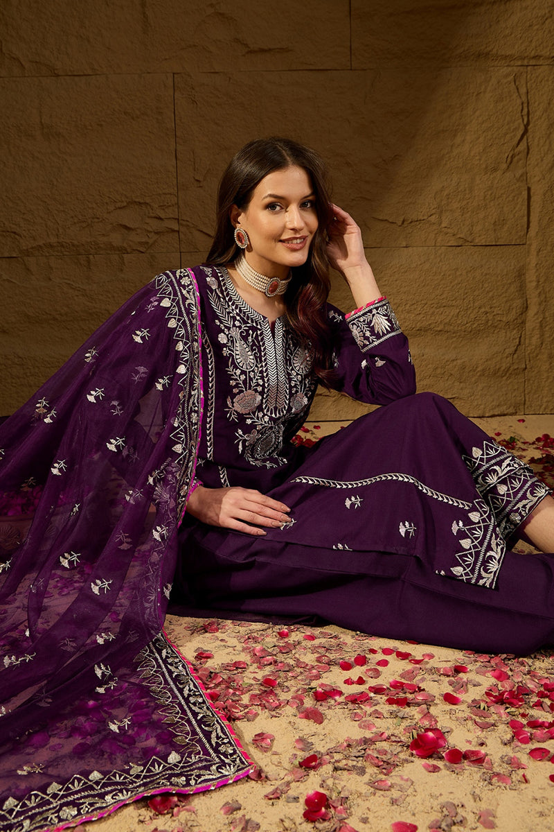 Ahika Purple Silk Blend Yoke Design Zari Straight Palazzo Suit Set PKSKD2488