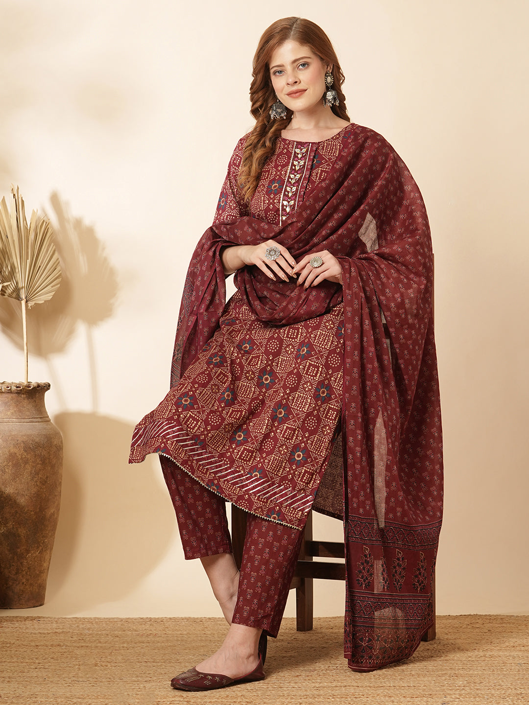 Printed embroidered kurta – FASHOR Ethnic Printed & Embroidered Kurta with Pant & Pure Cotton Dupatta - Burgundy