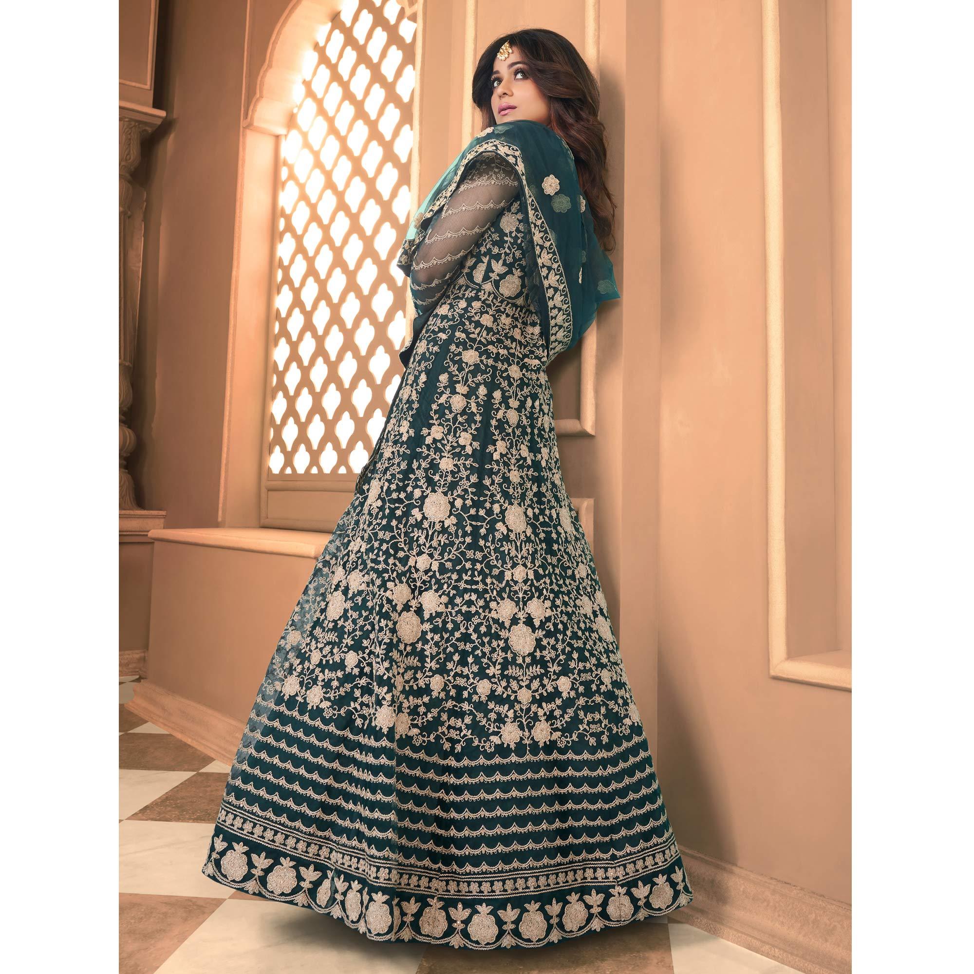 Peachmode Seller Dark Green Partywear Floral Embroidered Net Anarkali Suit - view 5