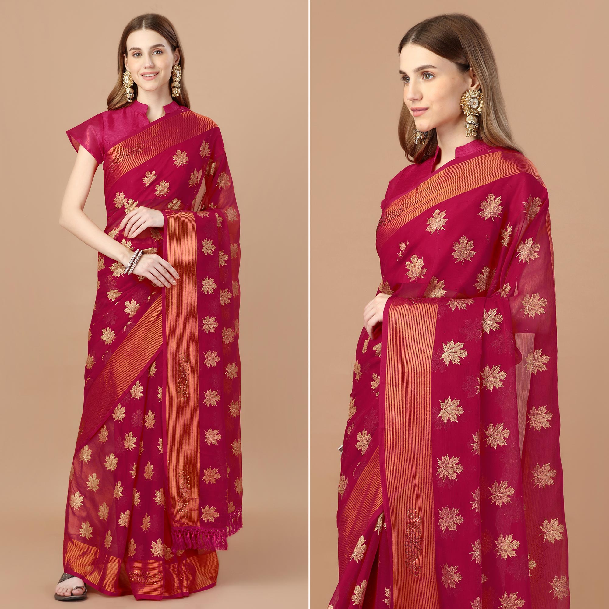 Peachmode Dark Magenta Zari Work Chiffon Saree With Tassels