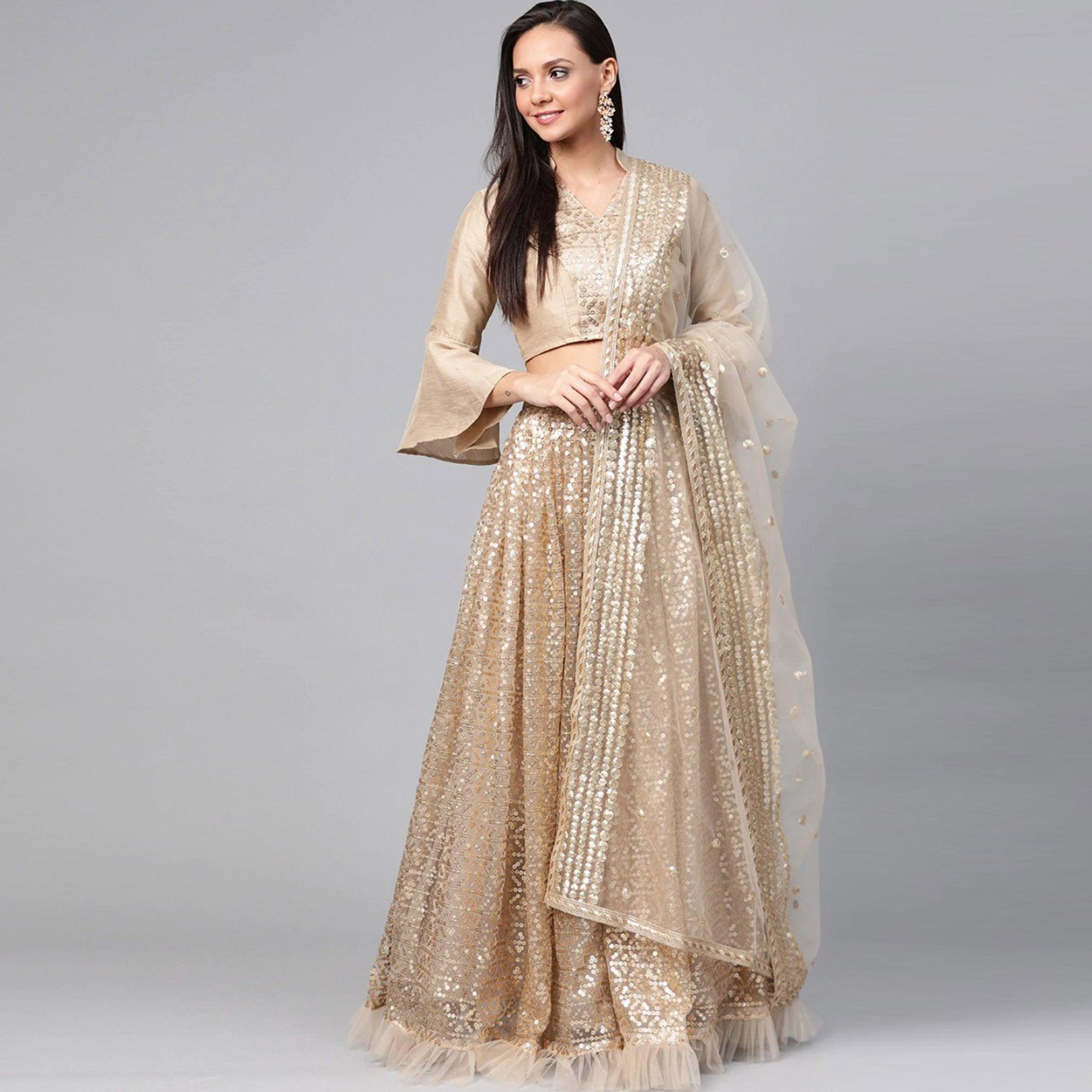 Peachmode Light Grey Designer Wedding Wear Thread Zari Work Soft Net Lehenga Choli - view 6