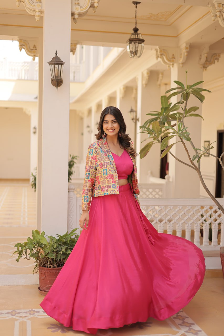 Clothsvilla Pink Chinnon Lehenga Set with Sleeveless Blouse and Jacquard Koti