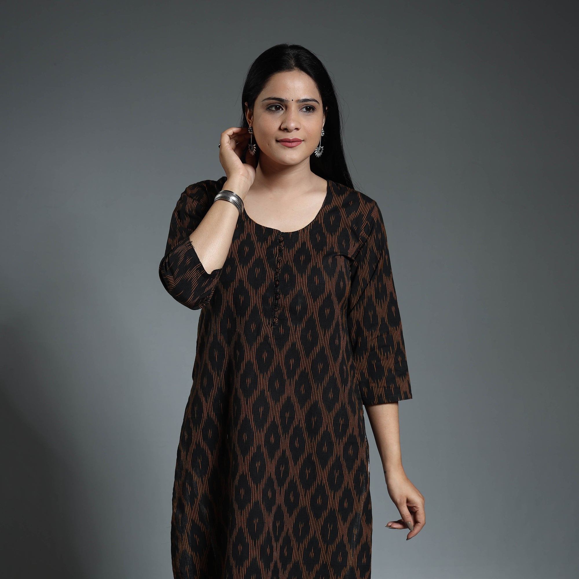 ITOKRI CASUALS Black - Pochampally Ikat Weave Cotton Long Straight Kurta