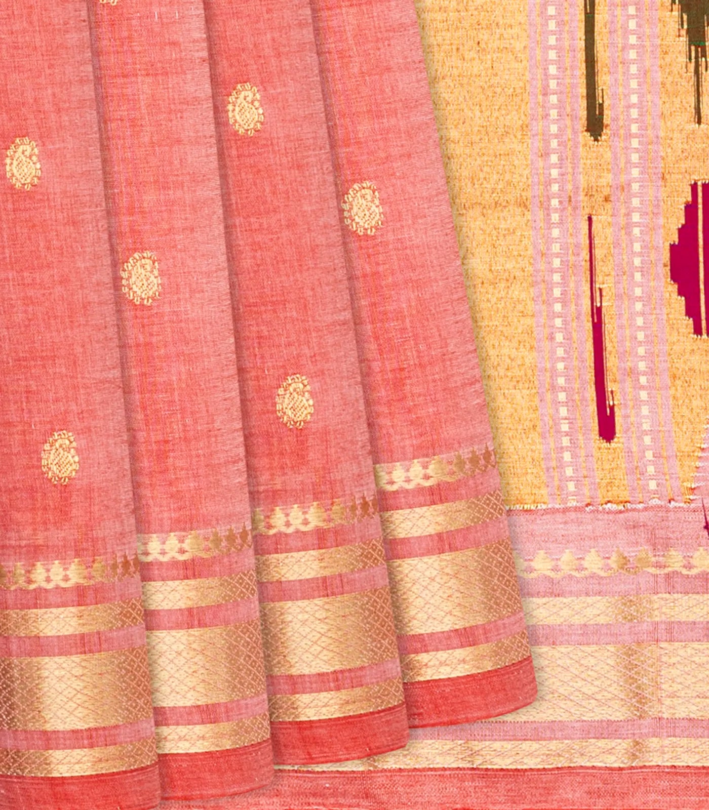 RmKV Light Peach Handloom Paithani Silk Saree With Mango Buttas-Light Peach