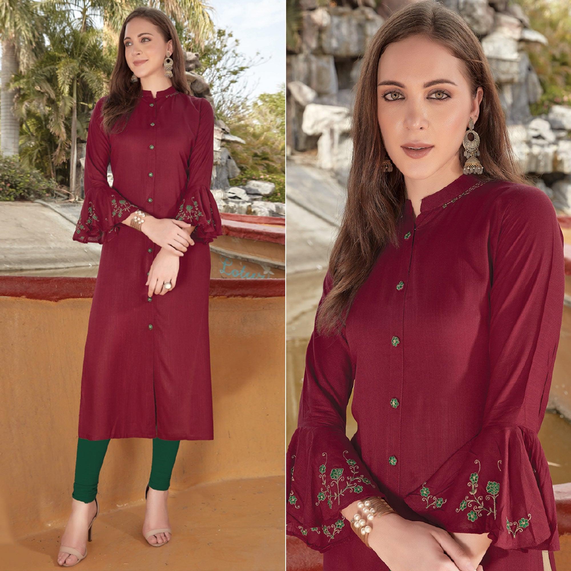 Peachmode Seller Maroon Embroidered Cotton Blend Kurti