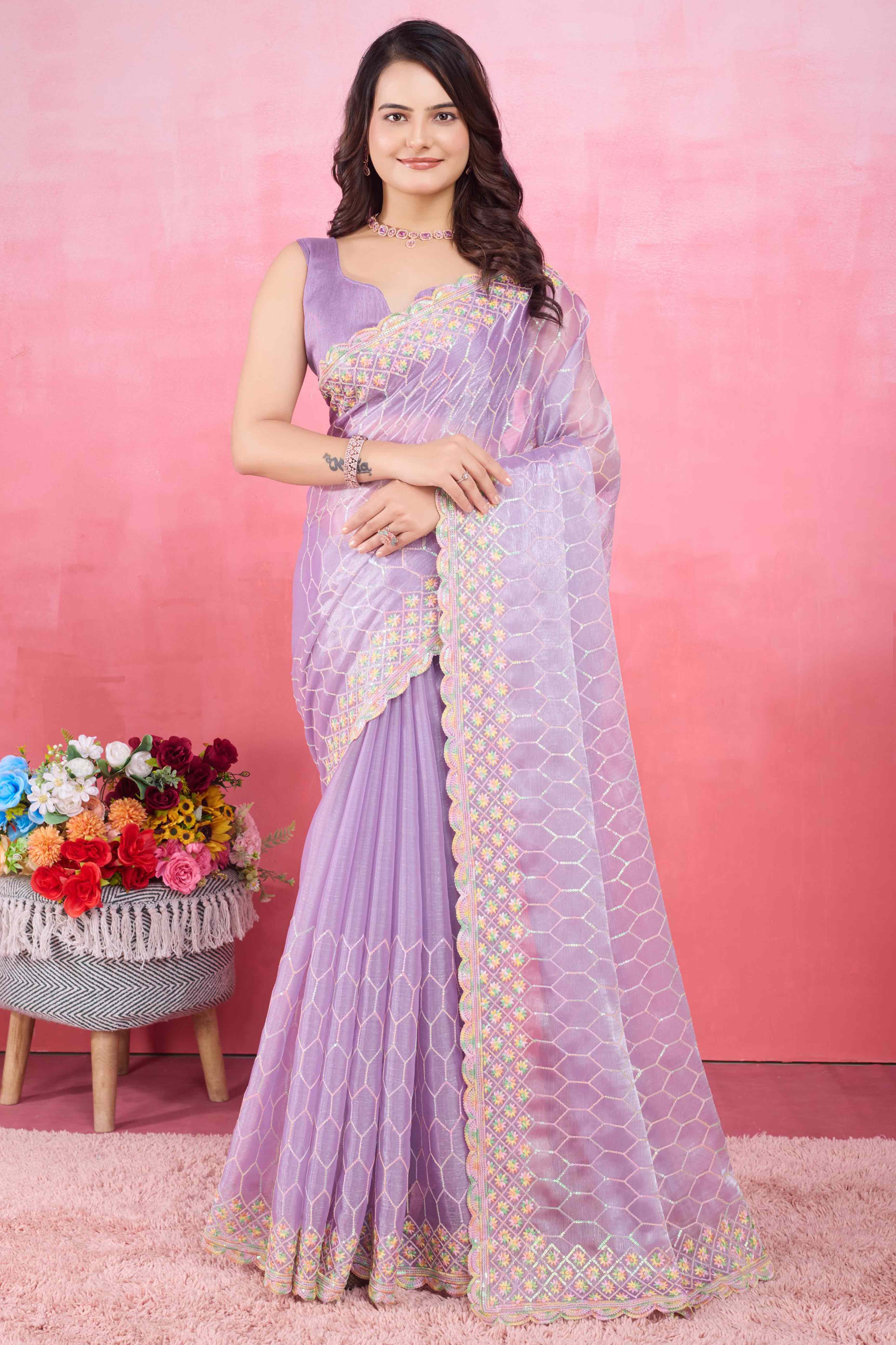 Peachmode Lavender Floral Sequins Embroidered Mulberry Silk Saree