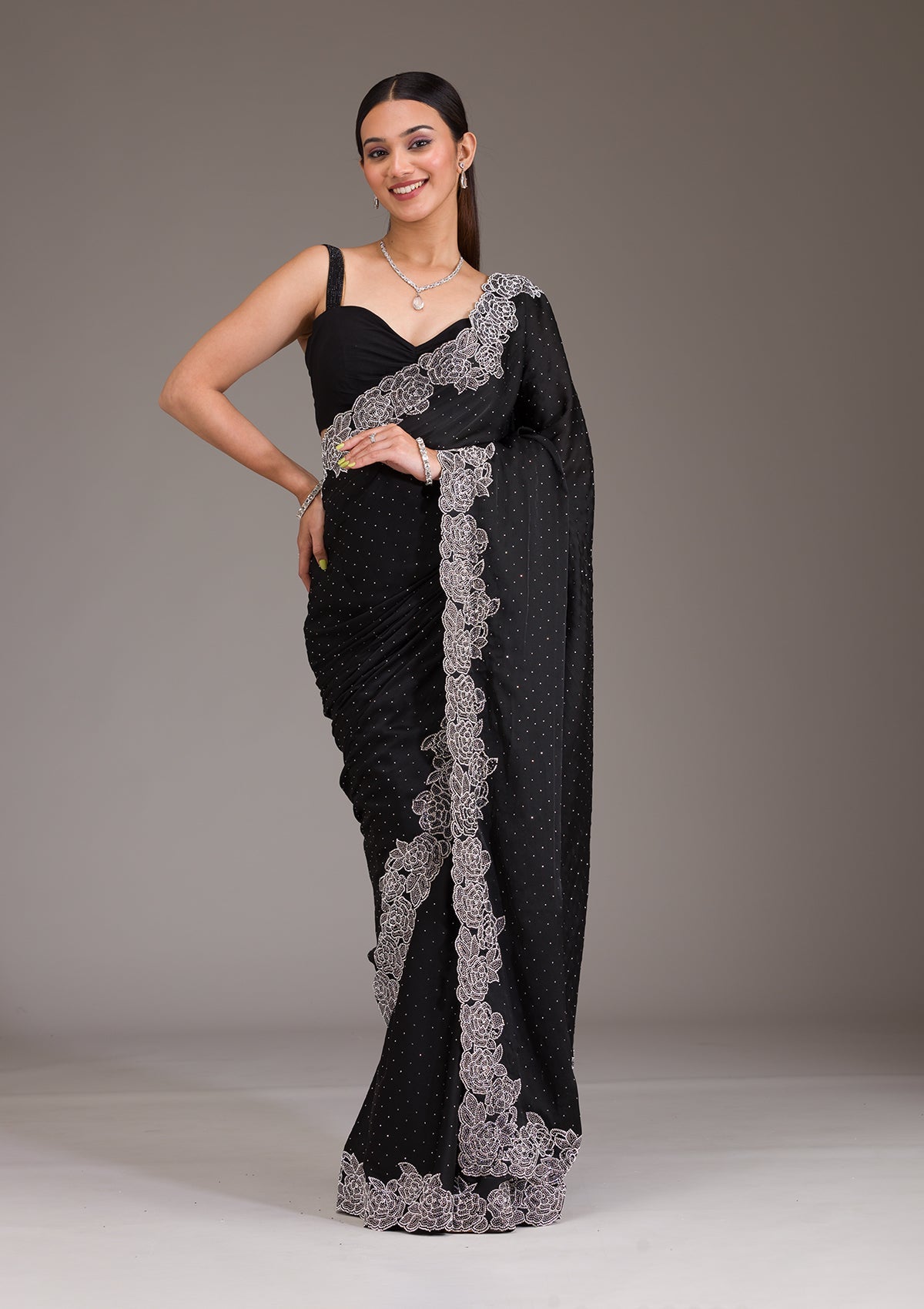 Koskii Black Swarovski Satin Saree – Women's - view 5
