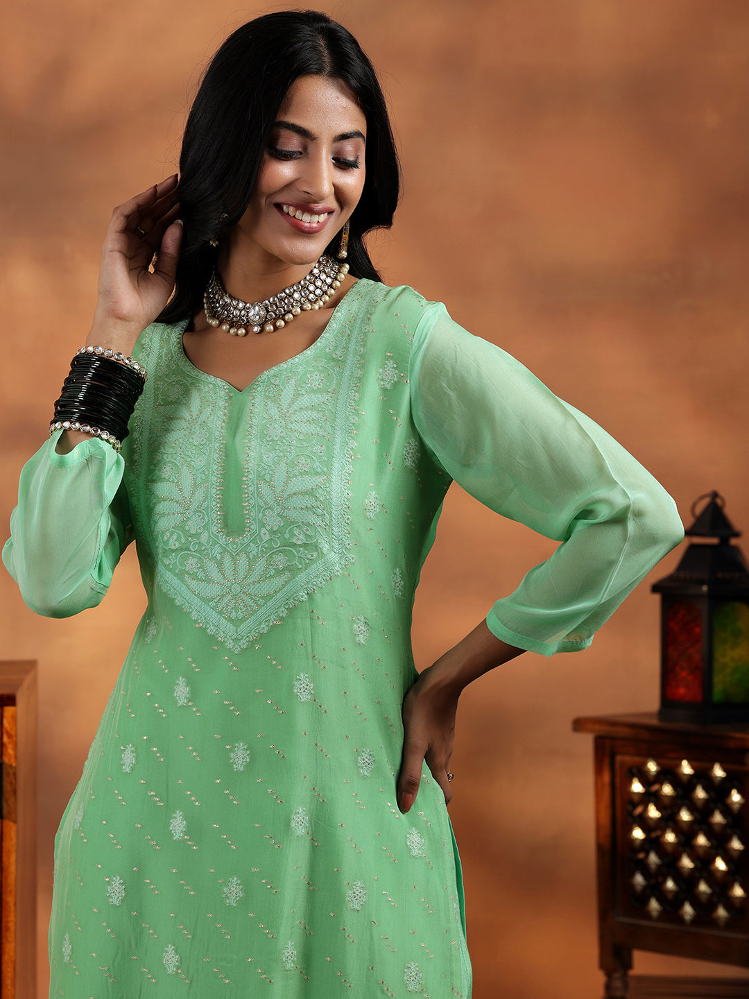 Libas Green Embroidered Organza Straight Suit With Dupatta - view 6