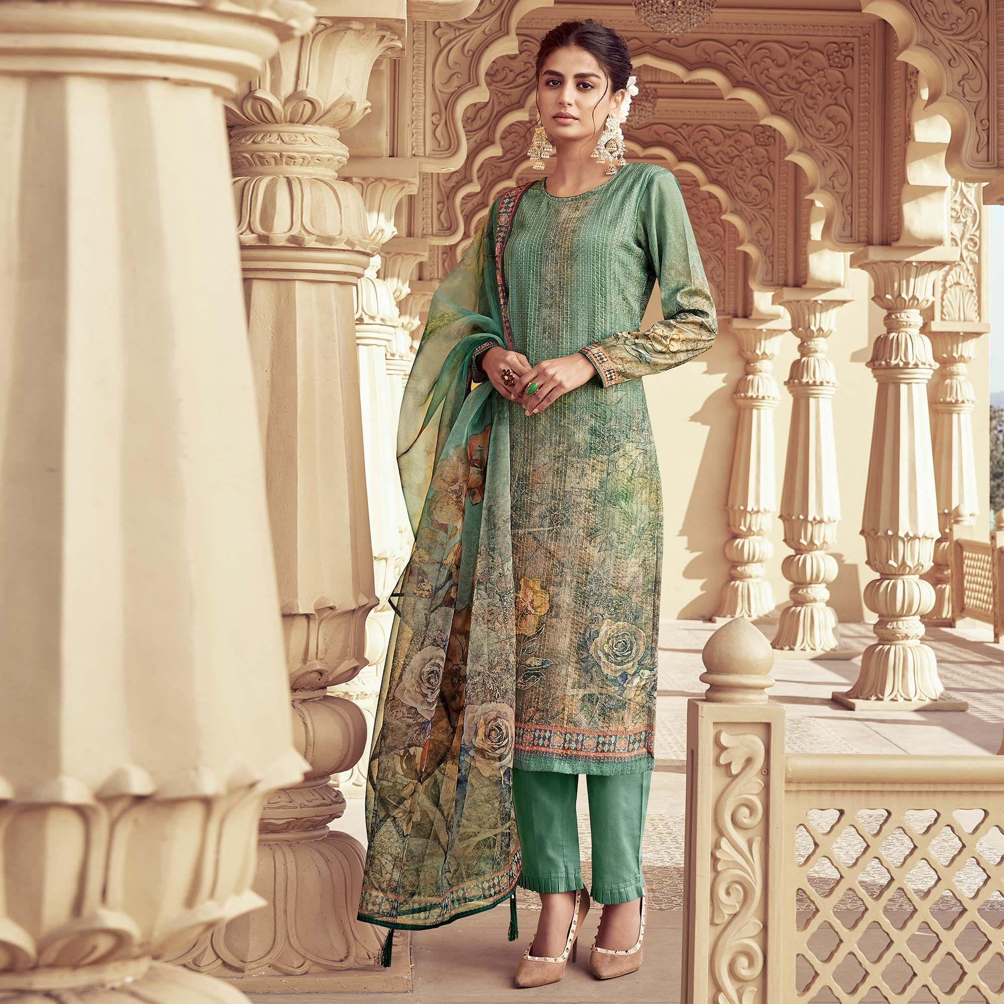 Green trousers – BlackTree green-floral-print-with-sequence-embroidered-royal-chinon-partywear-suit-134095