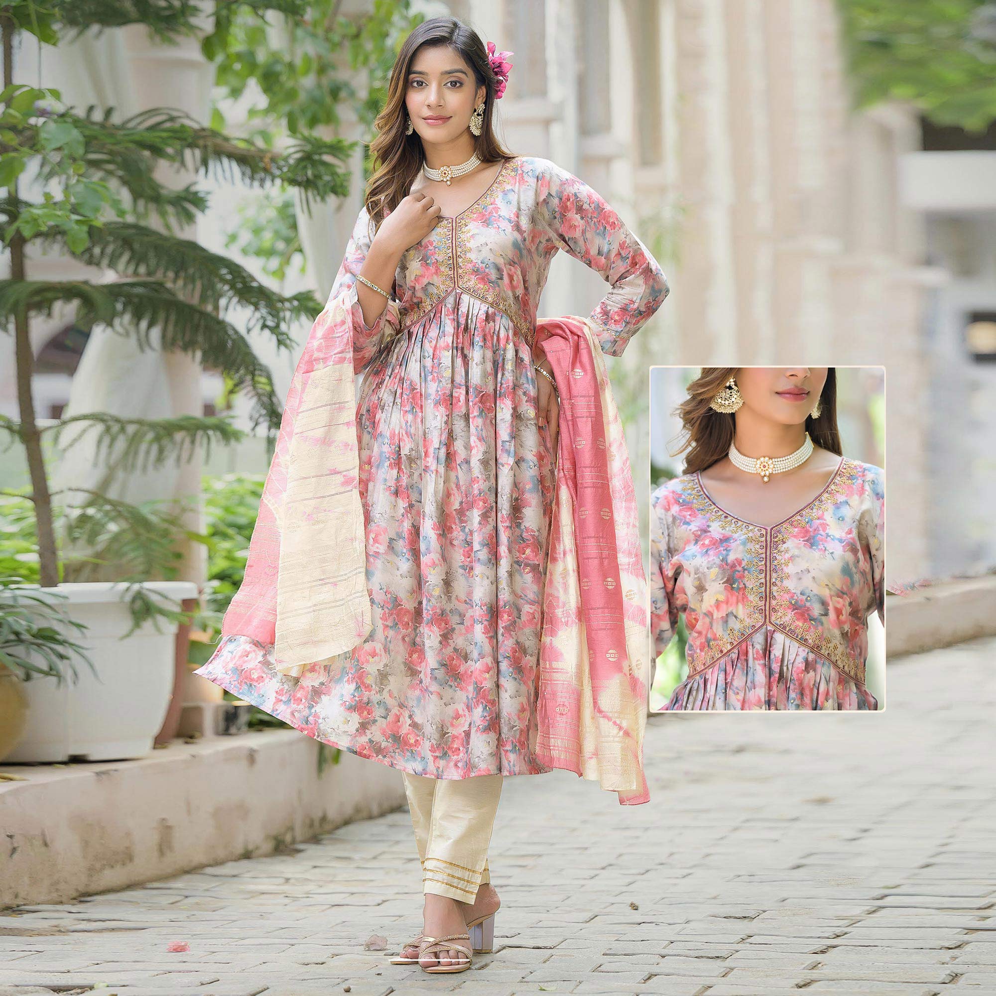 Peachmode Seller Cream Floral Printed Modal Anarkali Salwar Suit