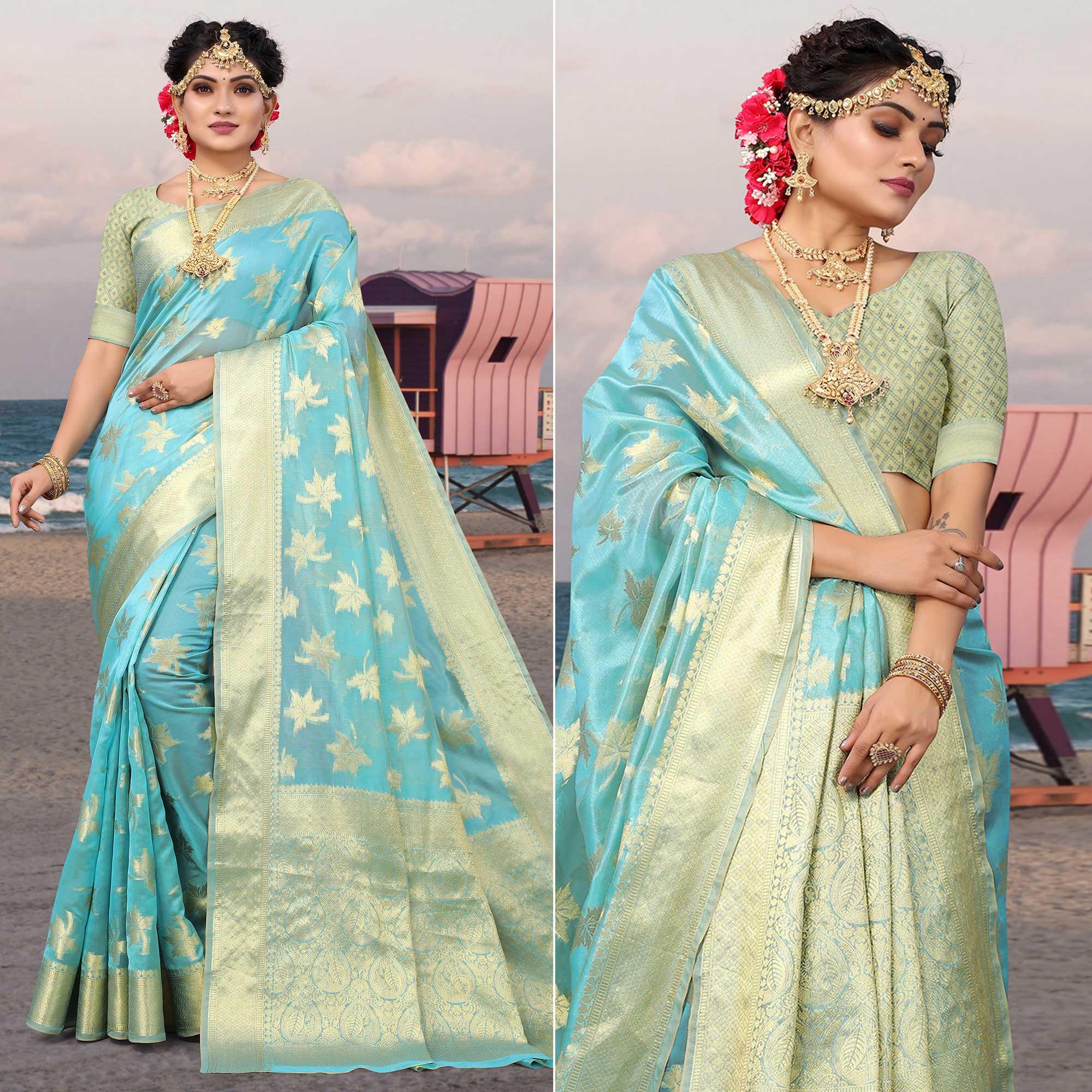 Peachmode Blue Woven Organza Saree – Women's