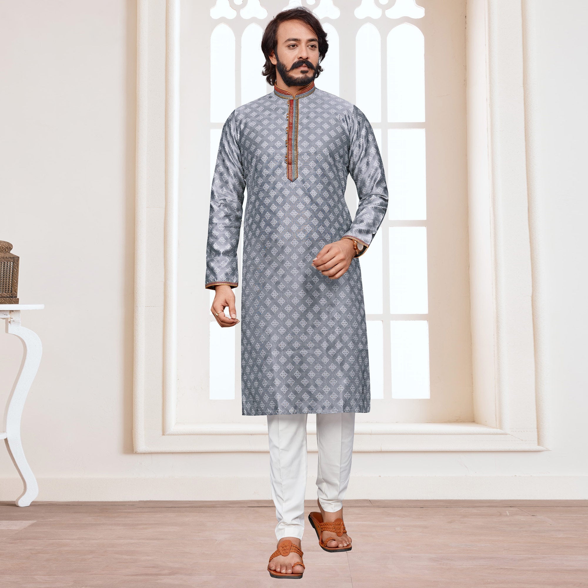 Peachmode Seller Grey Woven Jacquard Kurta Pyjama Set - view 2