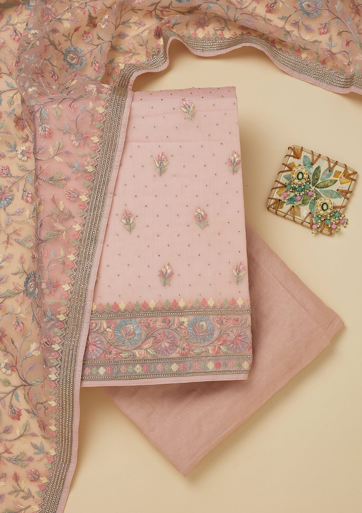 Koskii Peach Threadwork Chiffon Unstitched Salwar Suit