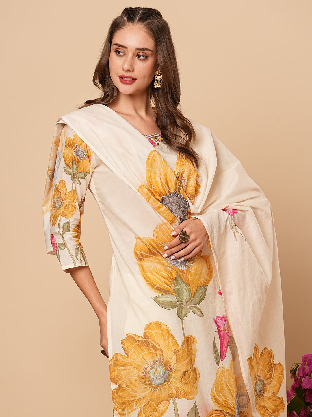 Fashor Floral Printed Beads & Resham Embroidered Kurta with Pants & Dupatta - Off White - view 2