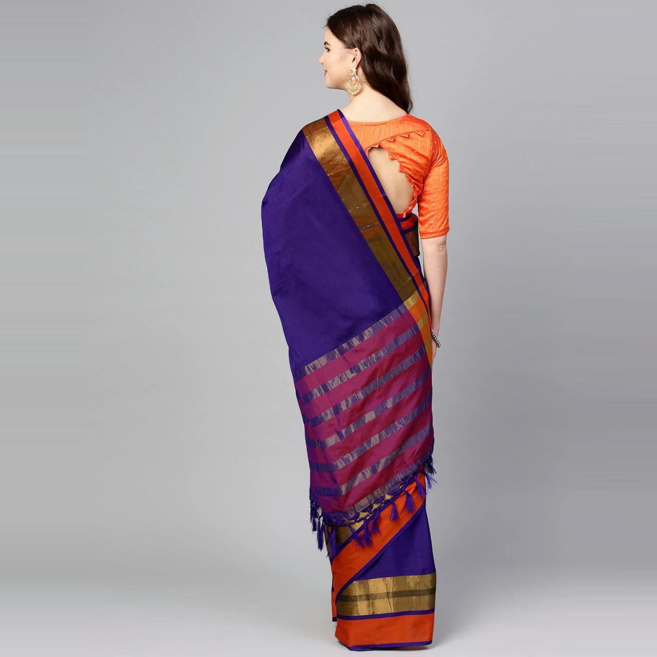 Peachmode Magnetic Blue Colored Festive Wear Woven Cotton Silk Saree - view 2