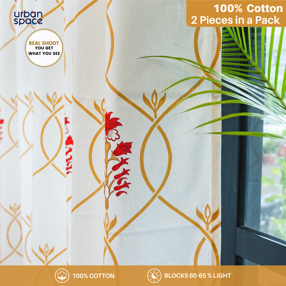100 cotton – Urban Space -Home Furnishing Store 100% Cotton Room Darkening Curtains, Pack of 2 - Floral Ripples - Red & Brown