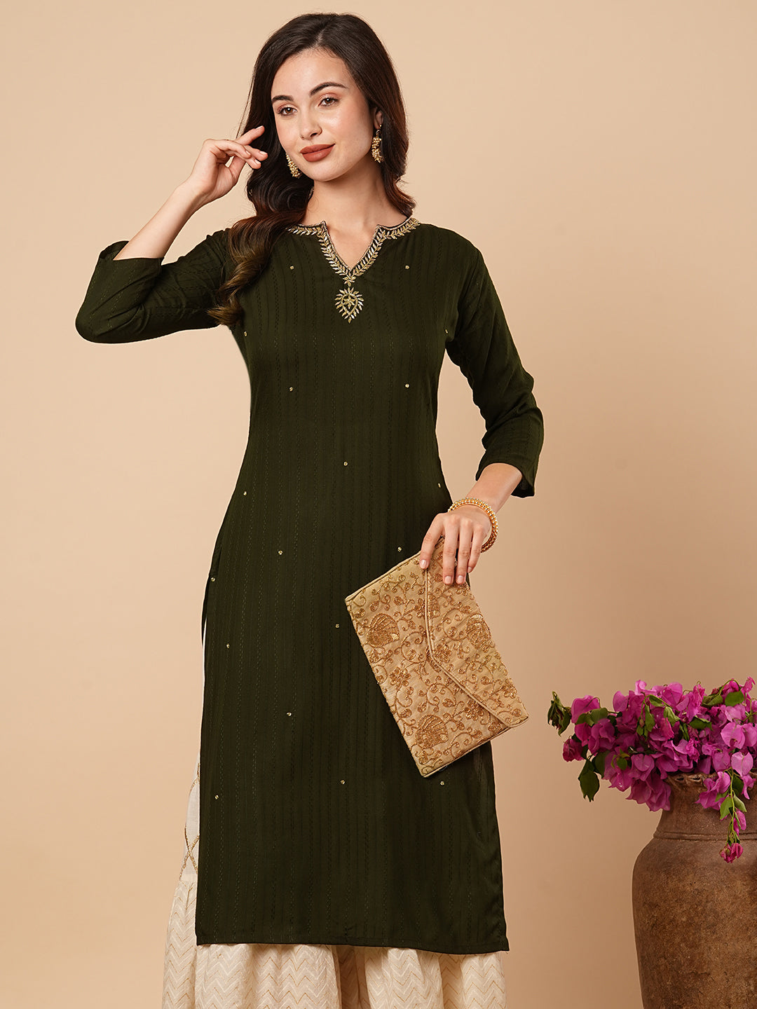 Fashor Ethnic Stripes Woven & Hand Embroidered Straight Fit Kurta - Olive Green - view 2