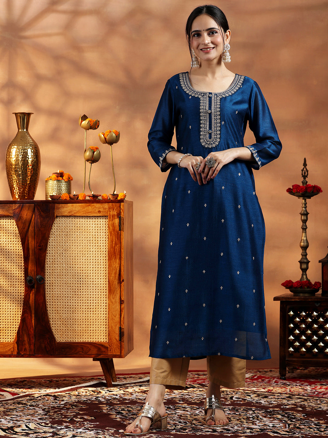 Libas Blue Embroidered Silk Straight Kurta - view 2
