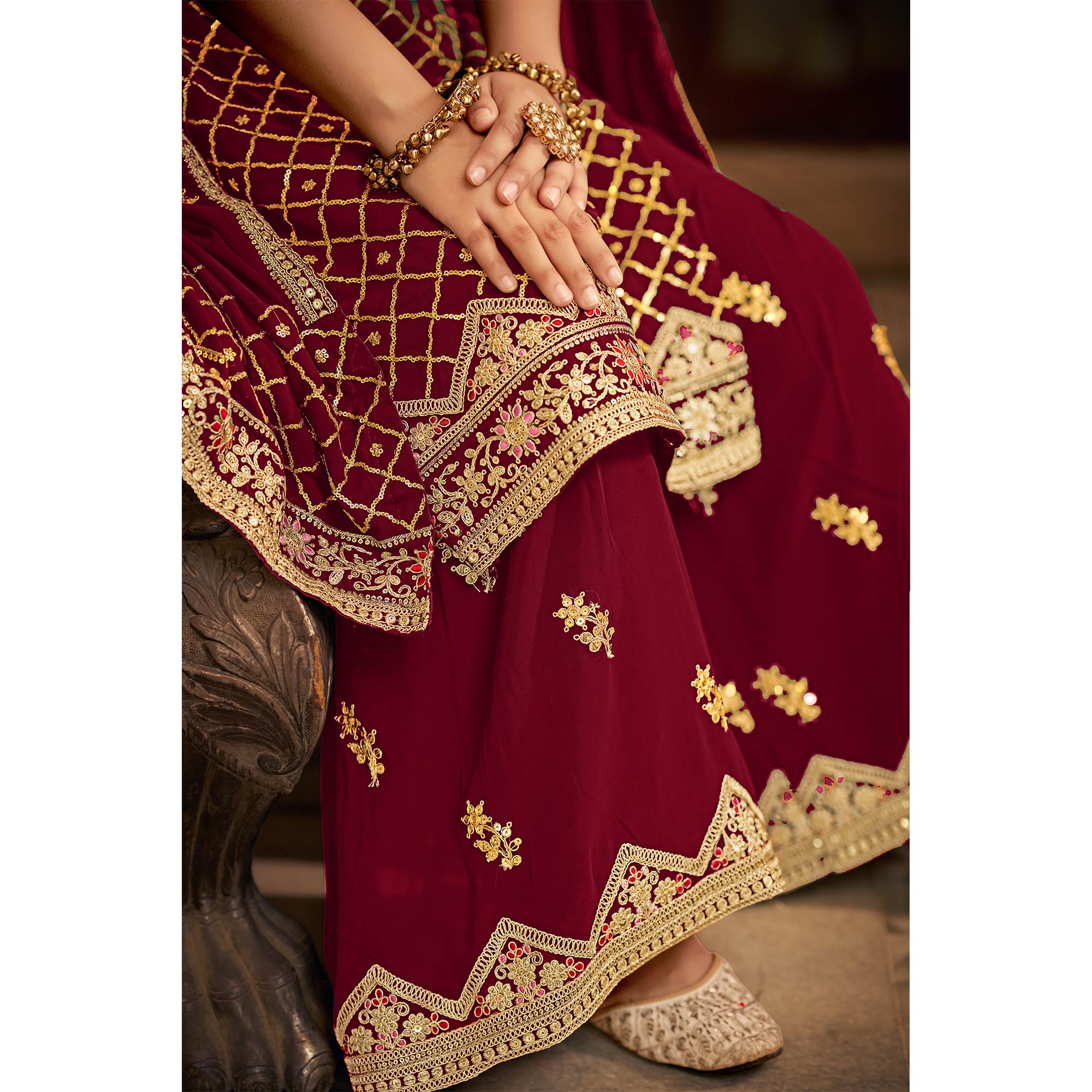 Peachmode Maroon Sequins Embroidered Chinon Semi Stitched Suit - view 7