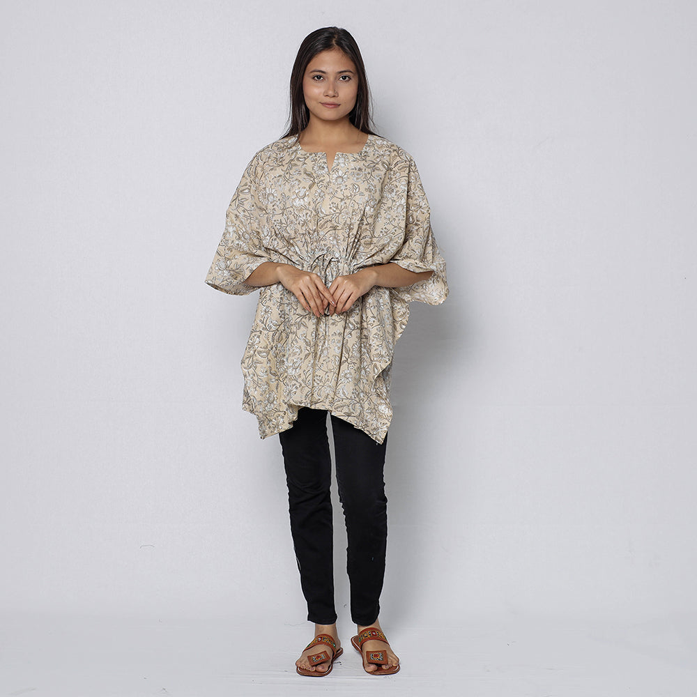 ITOKRI CASUALS Beige - Sanganeri Block Printed Cotton Kaftan with Tie-Up Waist (Short) - view 3