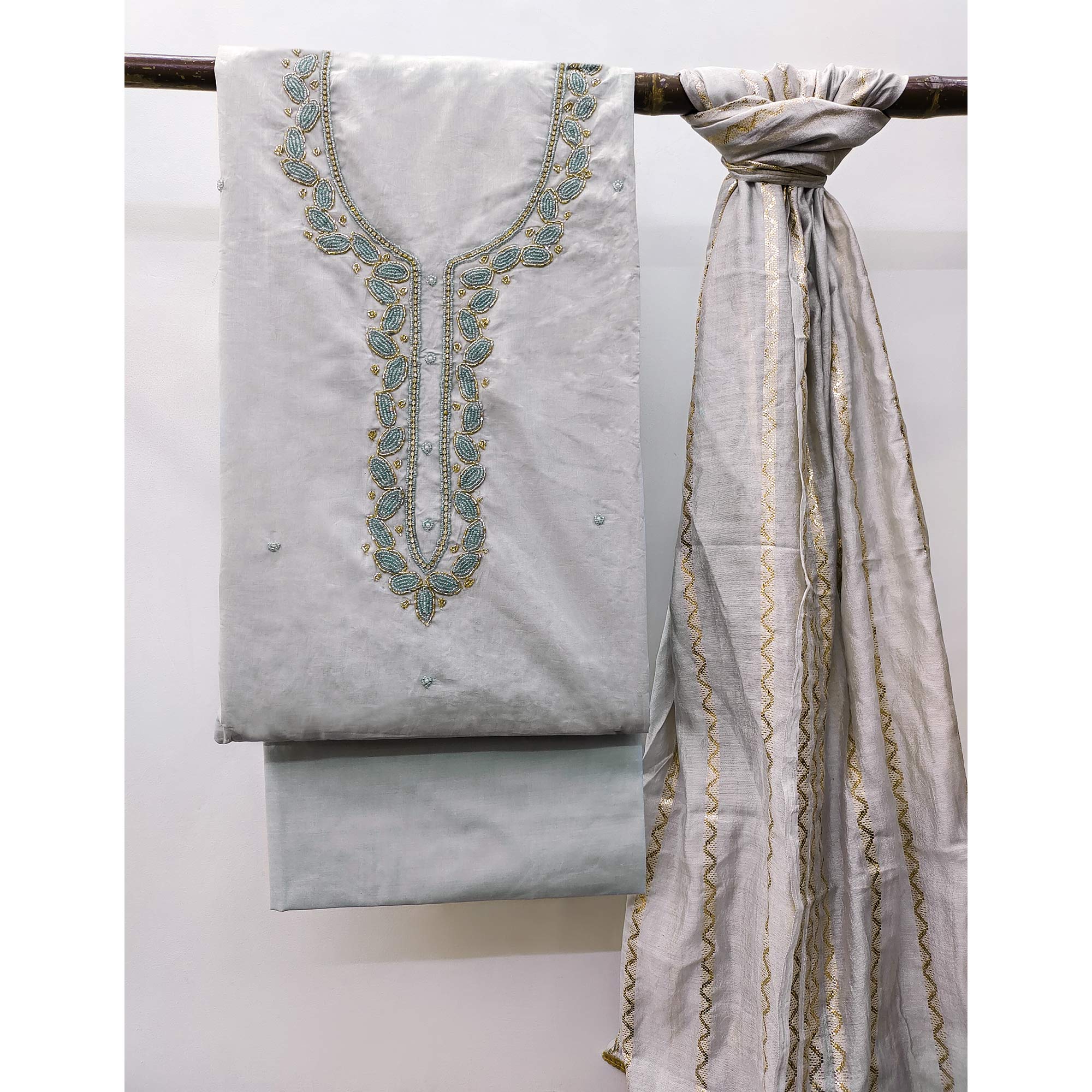 Peachmode Grey Zardosi Moti Work Pure Cotton Dress Material - view 4