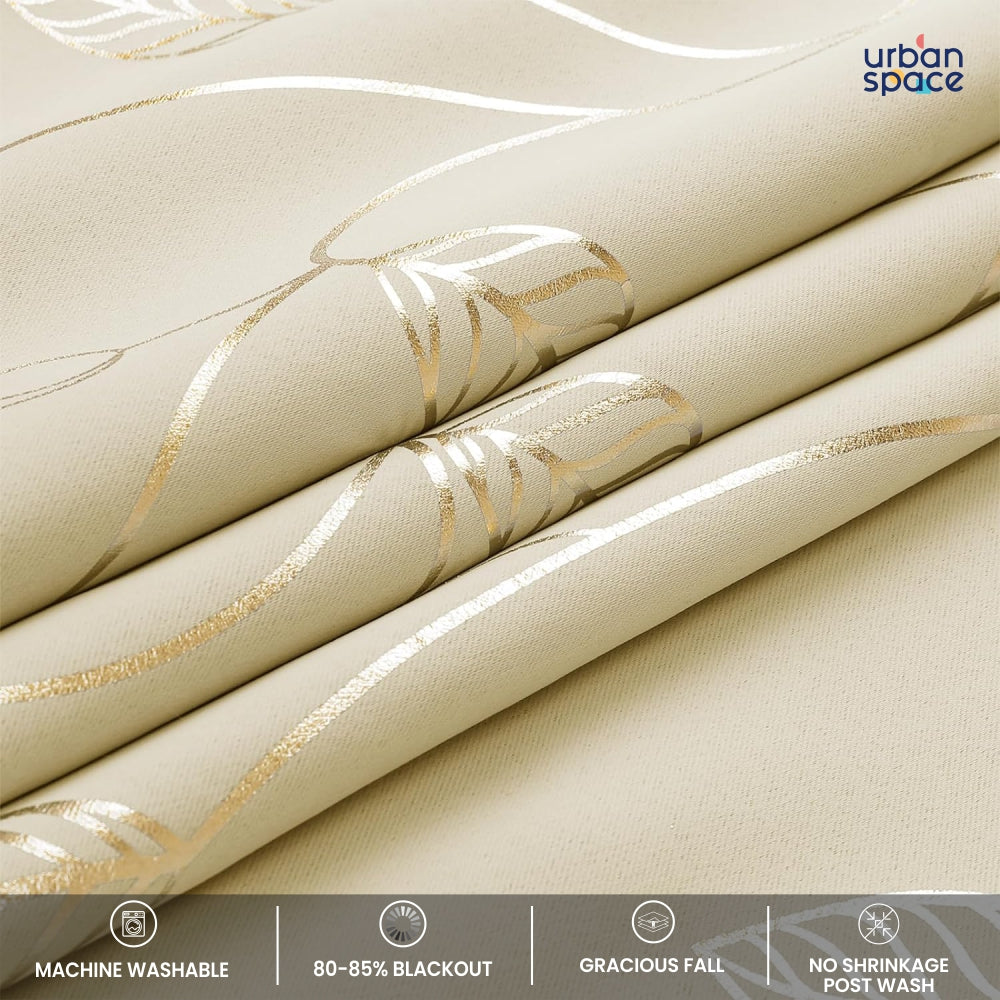 Urban Space -Home Furnishing Store Gold Foil Printed 80-85% Blackout Curtains - Pack of 1 - Leaf- Beige - view 5