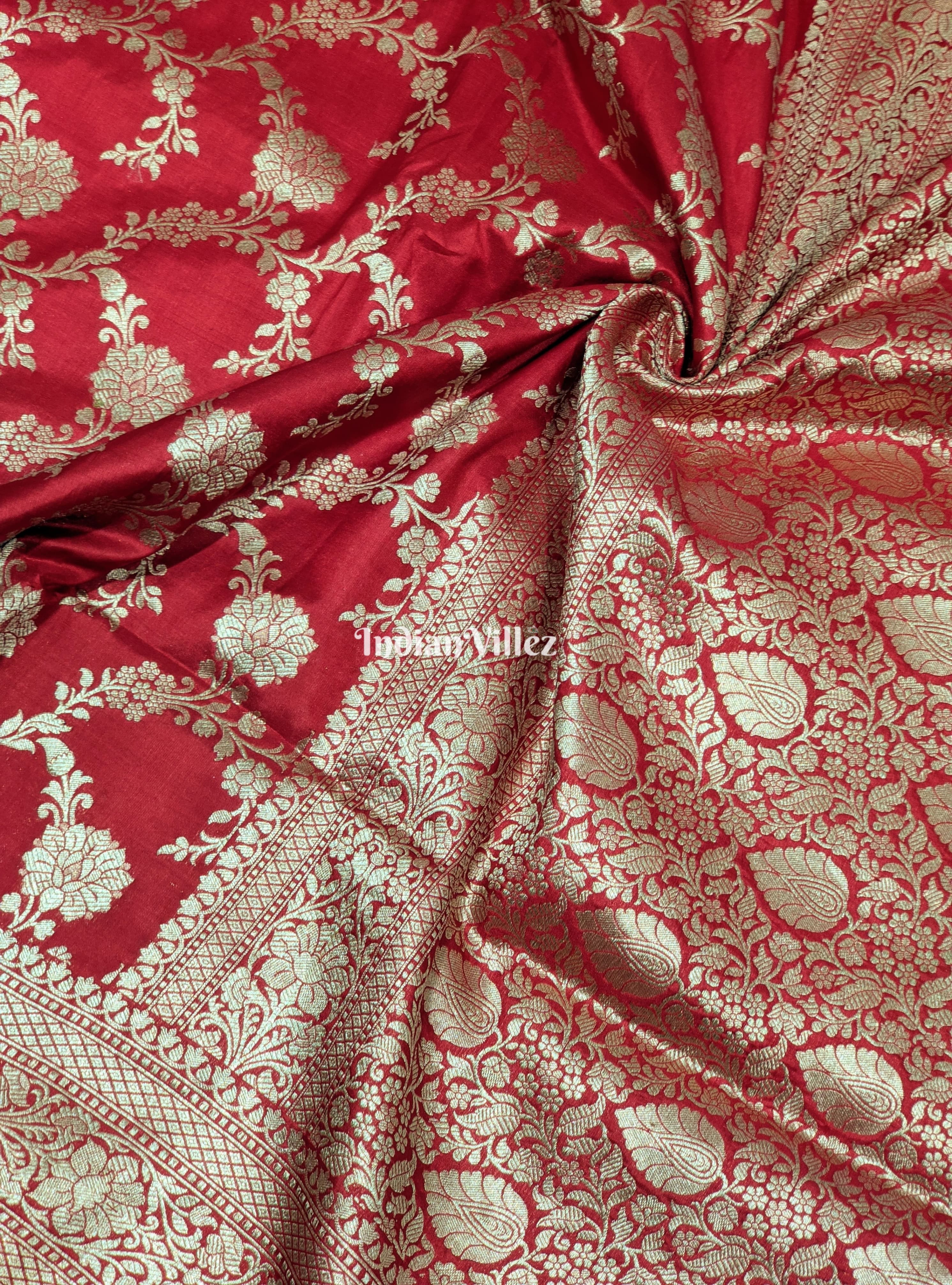 IndianVillèz Red Floral Theme Banarasi Katan Saree - view 2