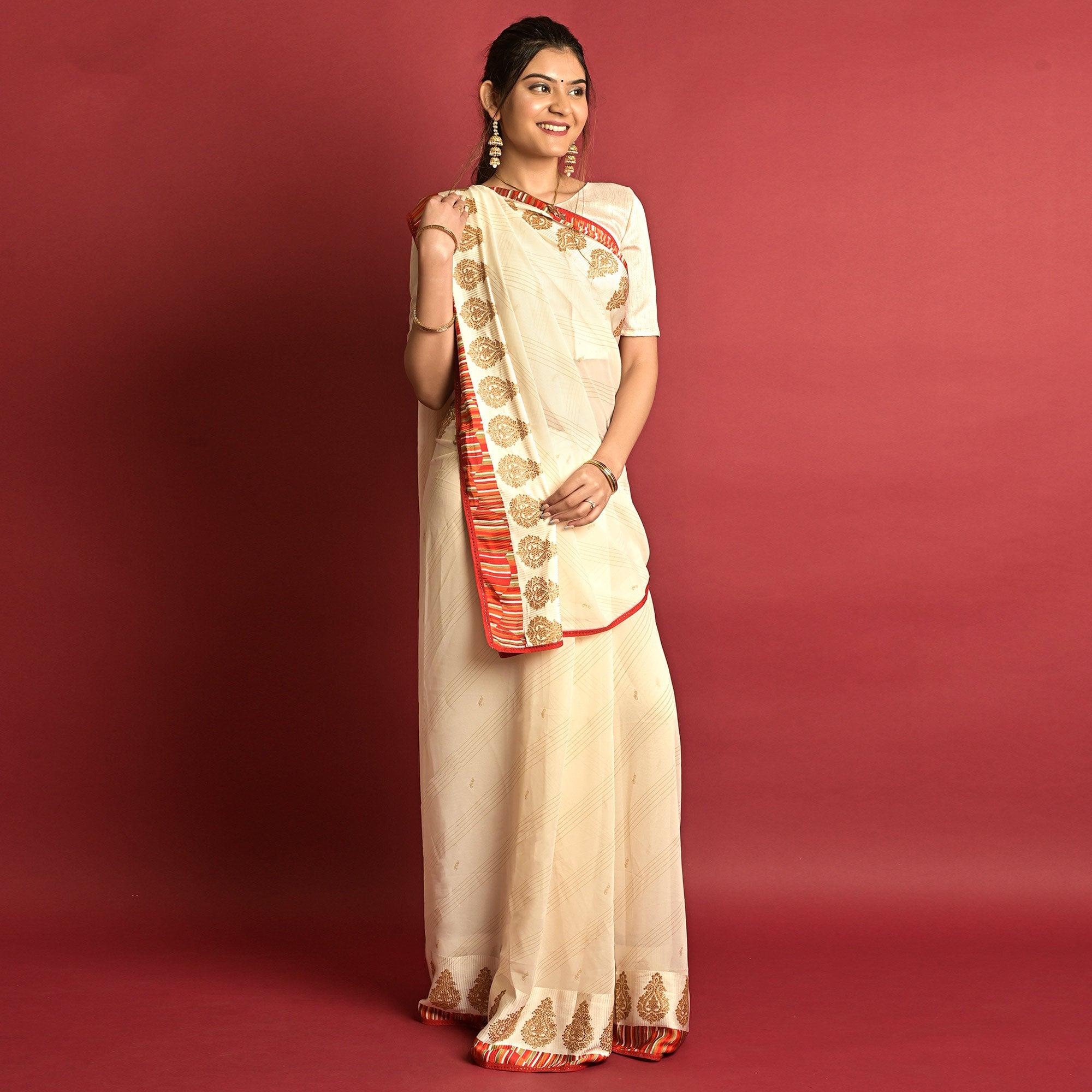 Peachmode Cream Printed Georgette Saree – Women's - view 2