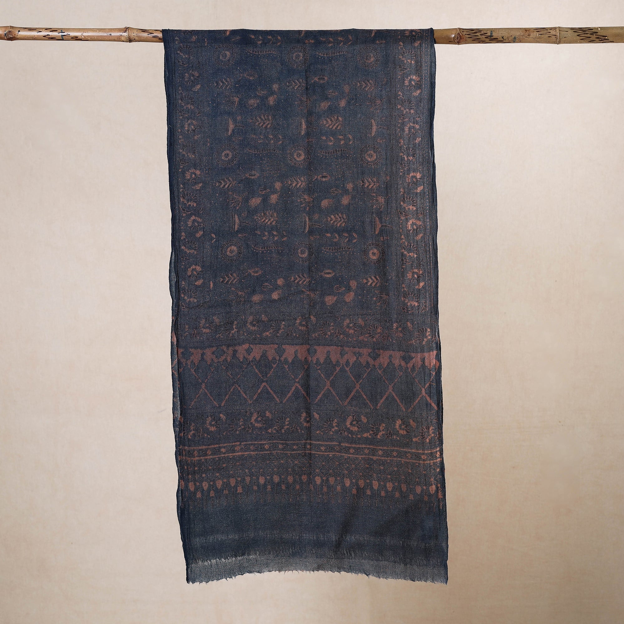 AJRAKH BY JABBAR KHATRI Blue - Ajrakh Hand Block Printed Pure Woolen Stole - view 2