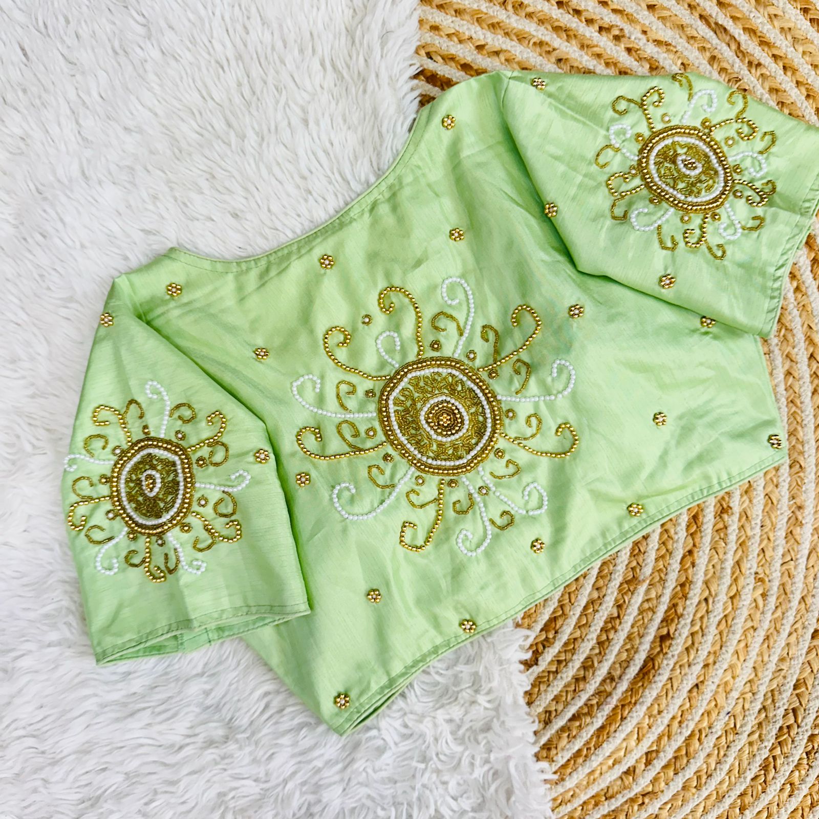 ClothsVilla Mint Green Golden Handcrafted Makhana Silk Blouse with White Pearl Accents - view 4