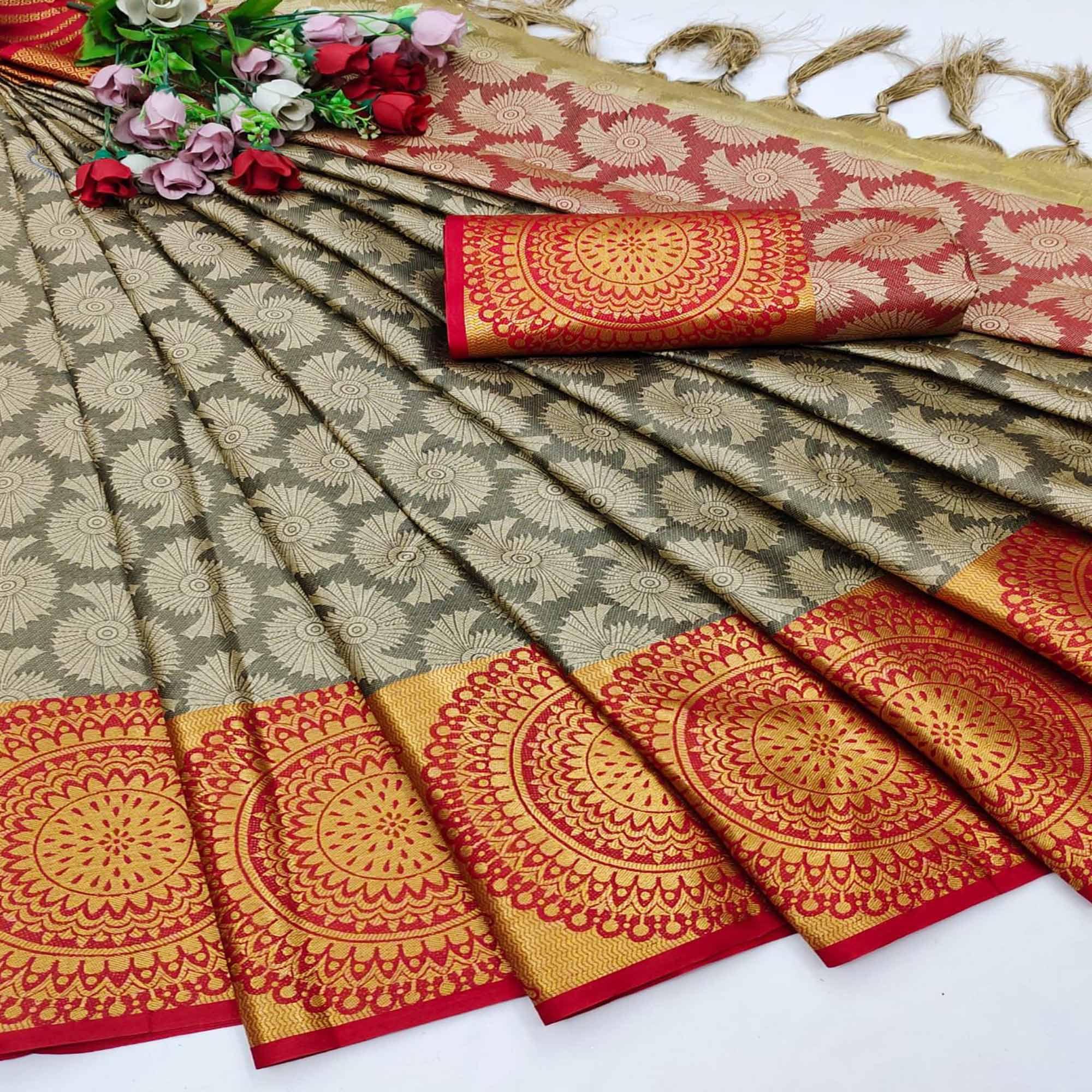 Peachmode Chikoo Colored Festive Wear Woven Desginer Cotton Silk Saree