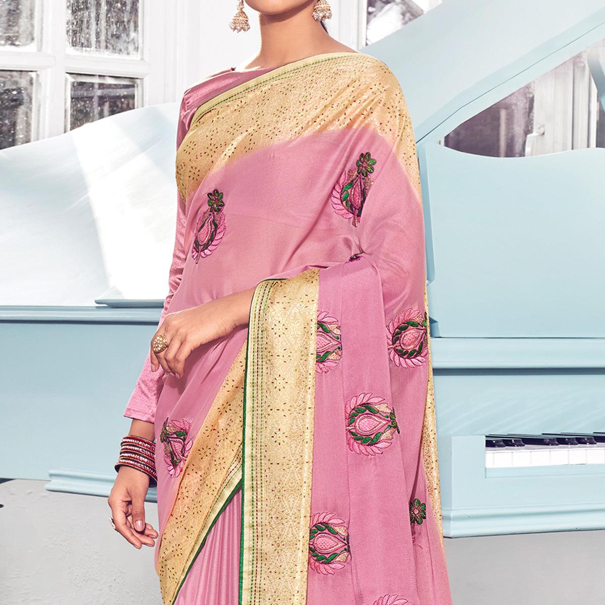 Peachmode Light Pink Floral Embroidered Chiffon Saree - view 2